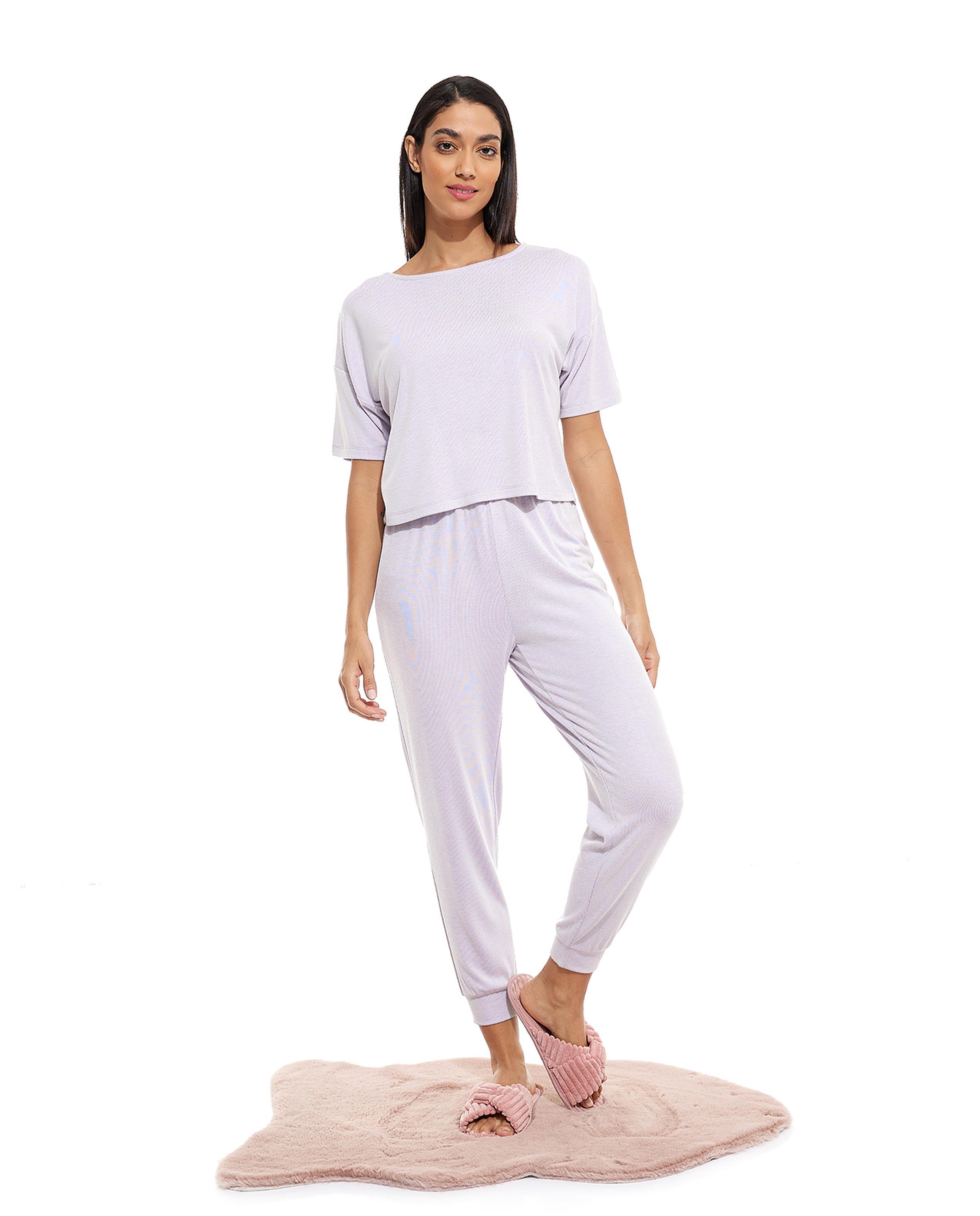 Solid Sleep Top with Crew Neck and Short Sleeves