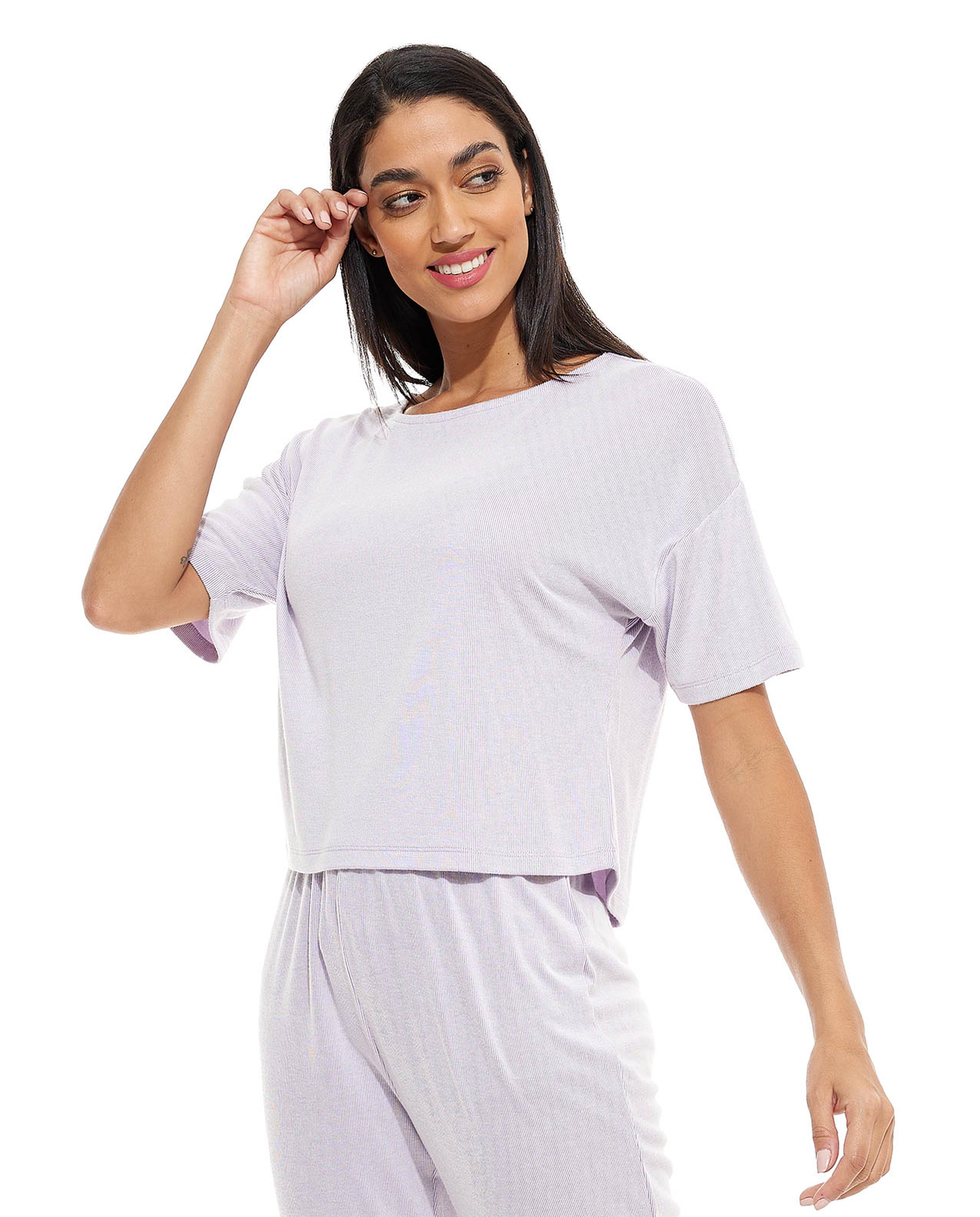 Solid Sleep Top with Crew Neck and Short Sleeves