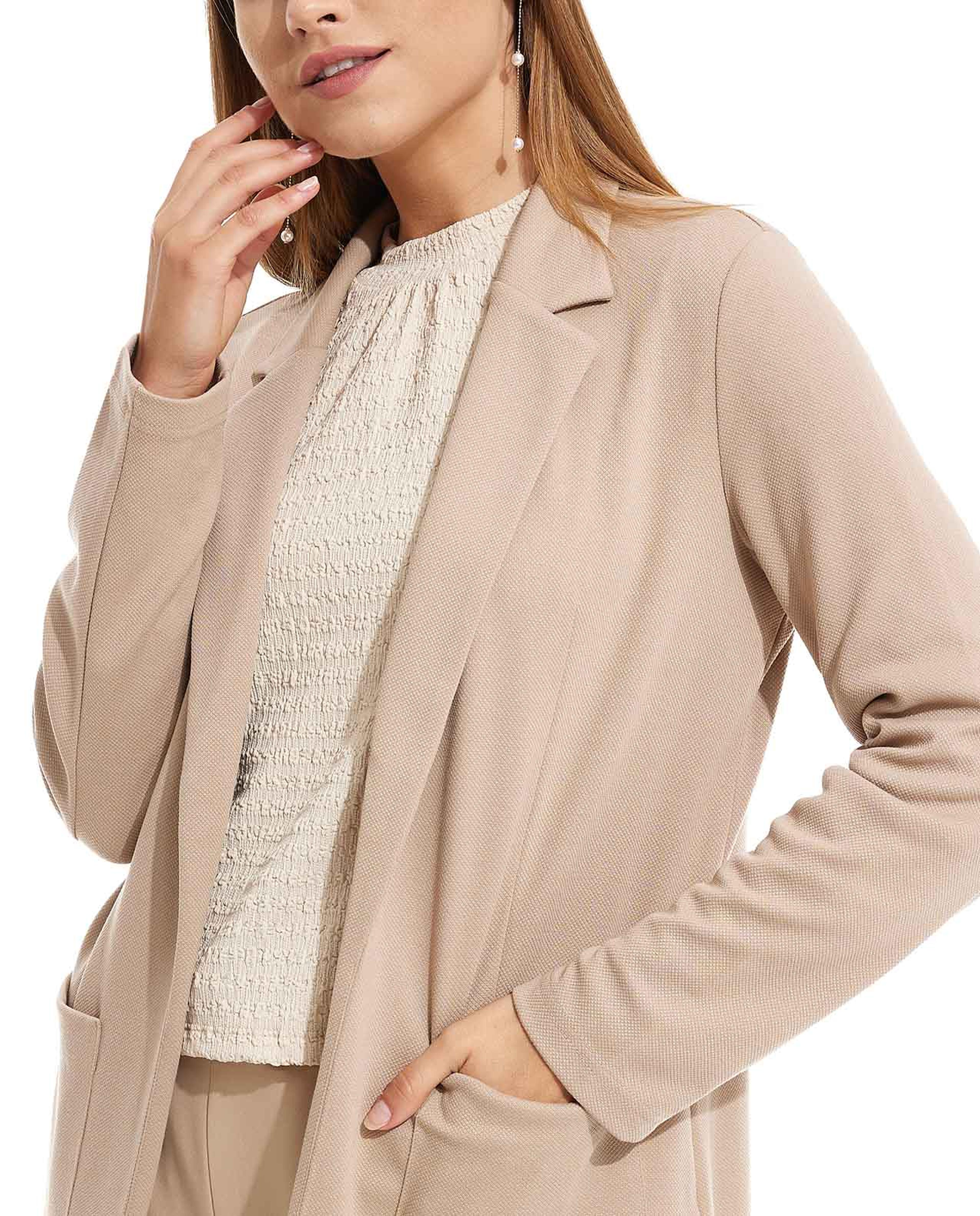 Solid Blazer with Lapel Collar and Long Sleeves