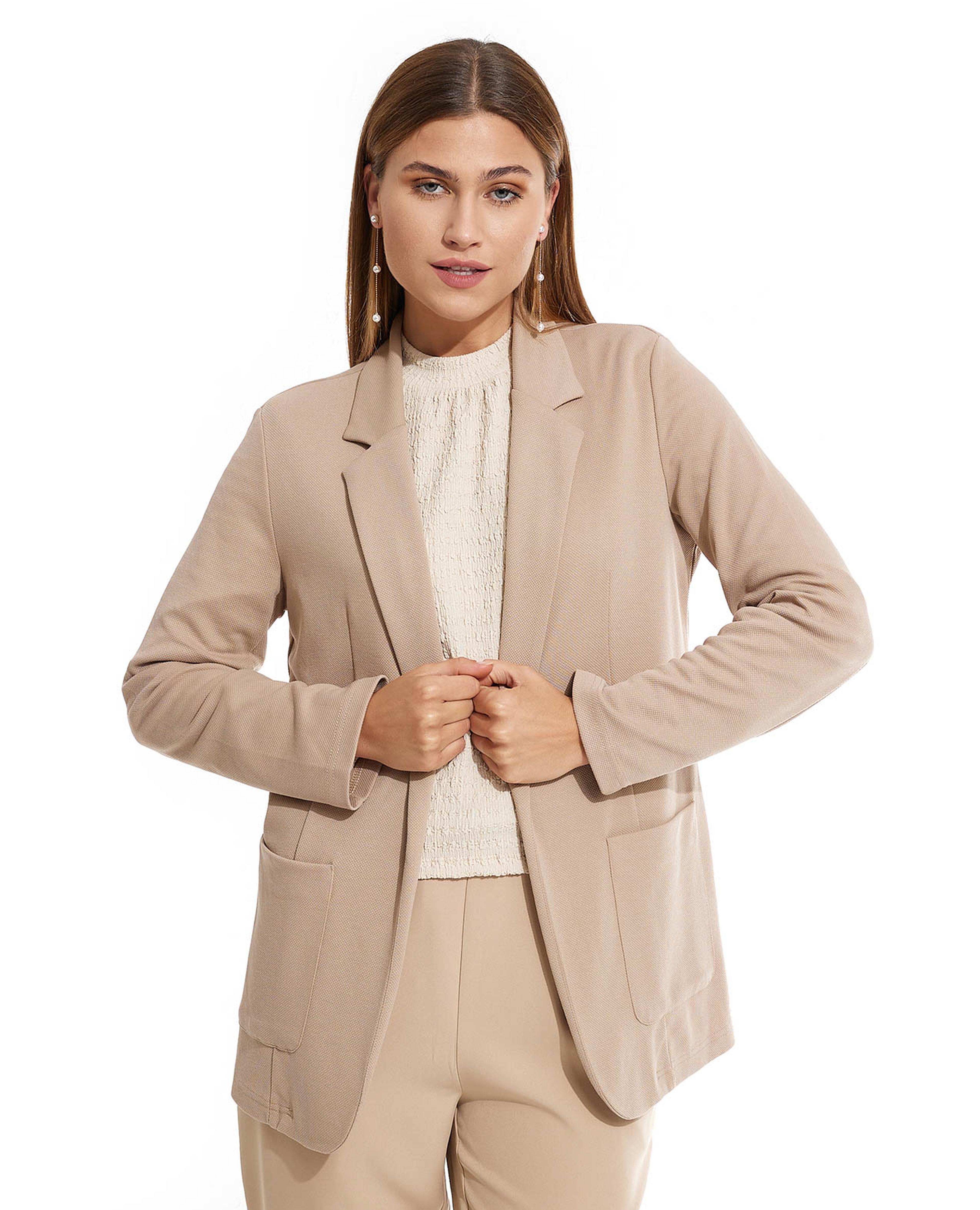 Solid Blazer with Lapel Collar and Long Sleeves