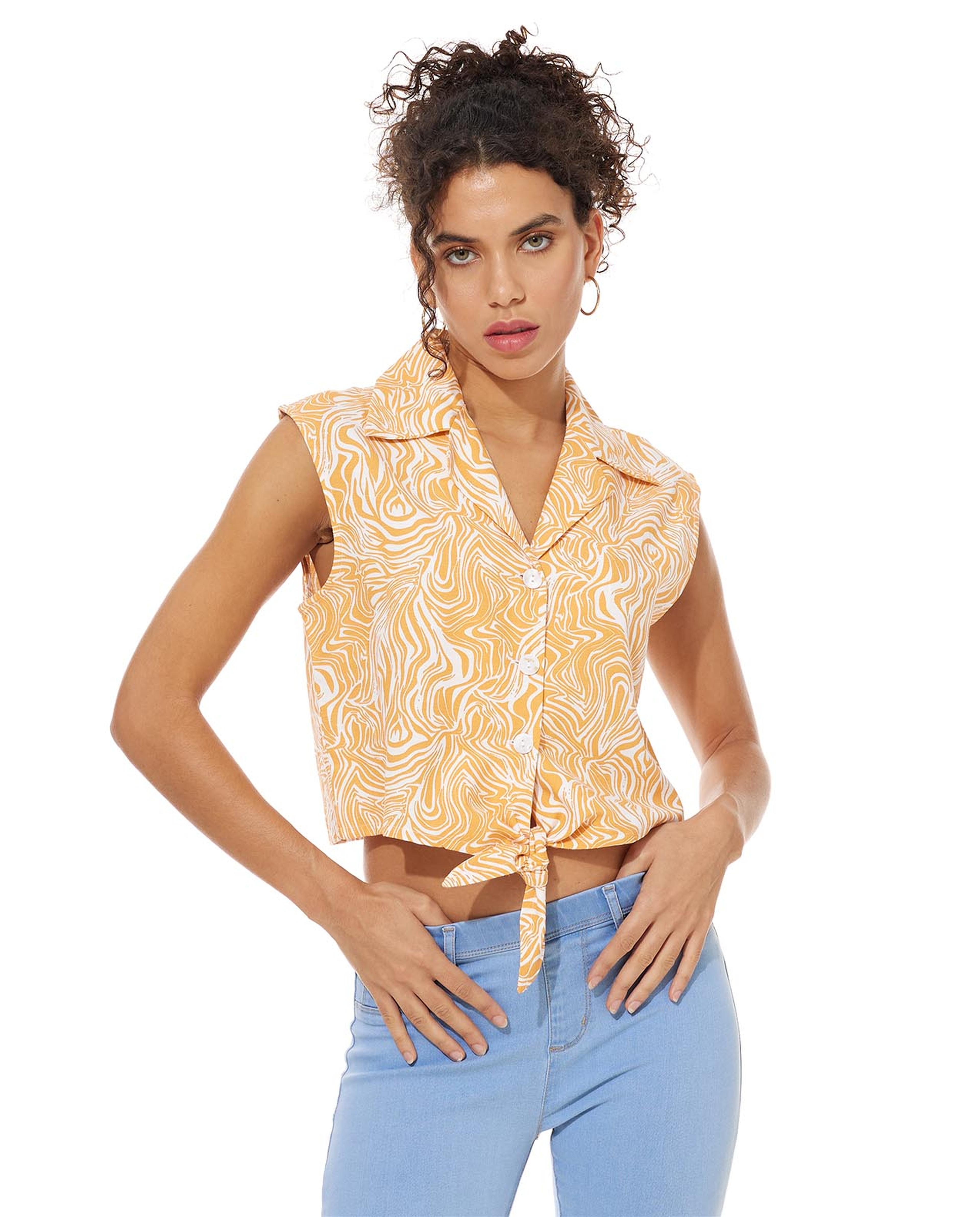 قميص بدون أكمام بياقة ليبل برباط خصر