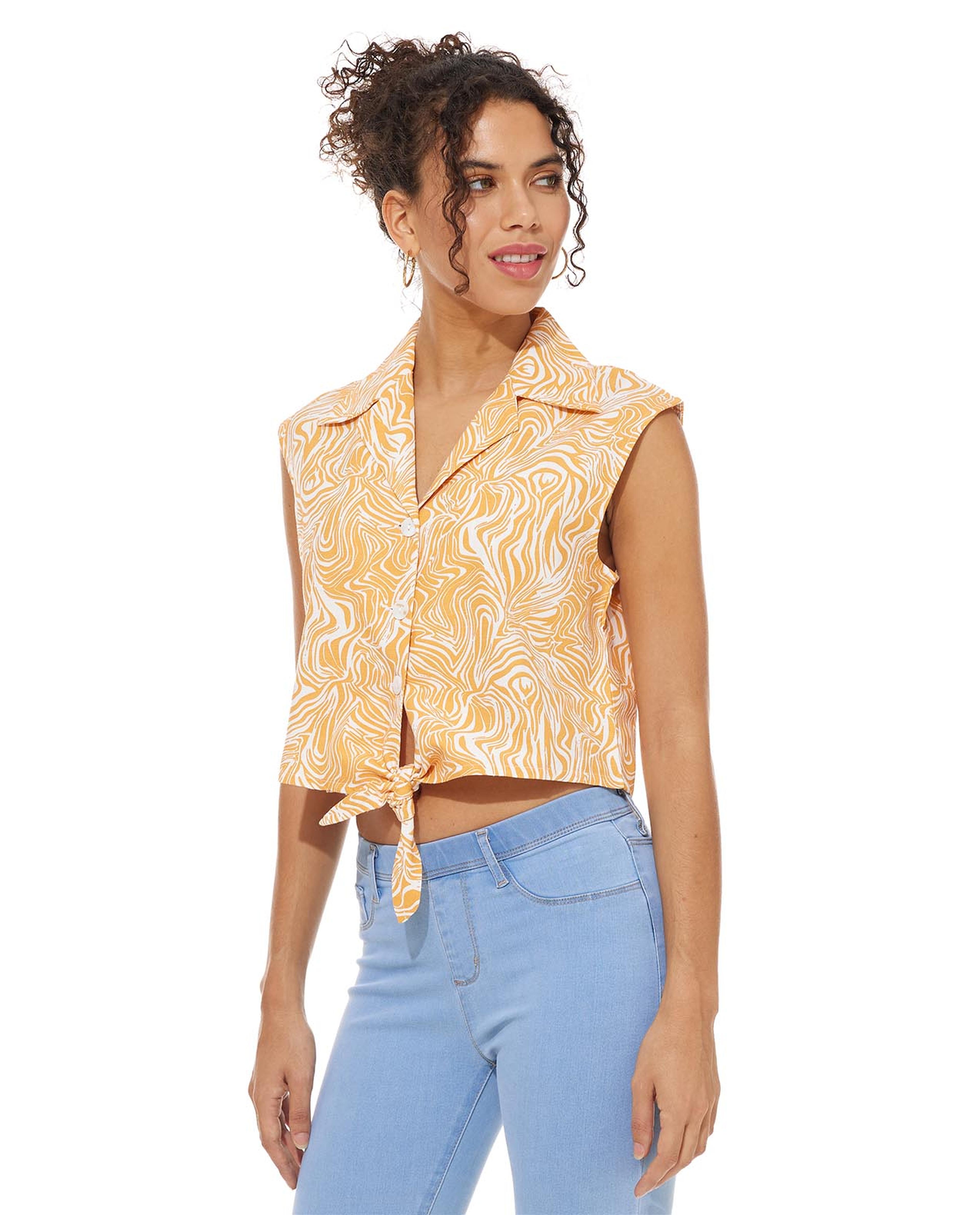 قميص بدون أكمام بياقة ليبل برباط خصر