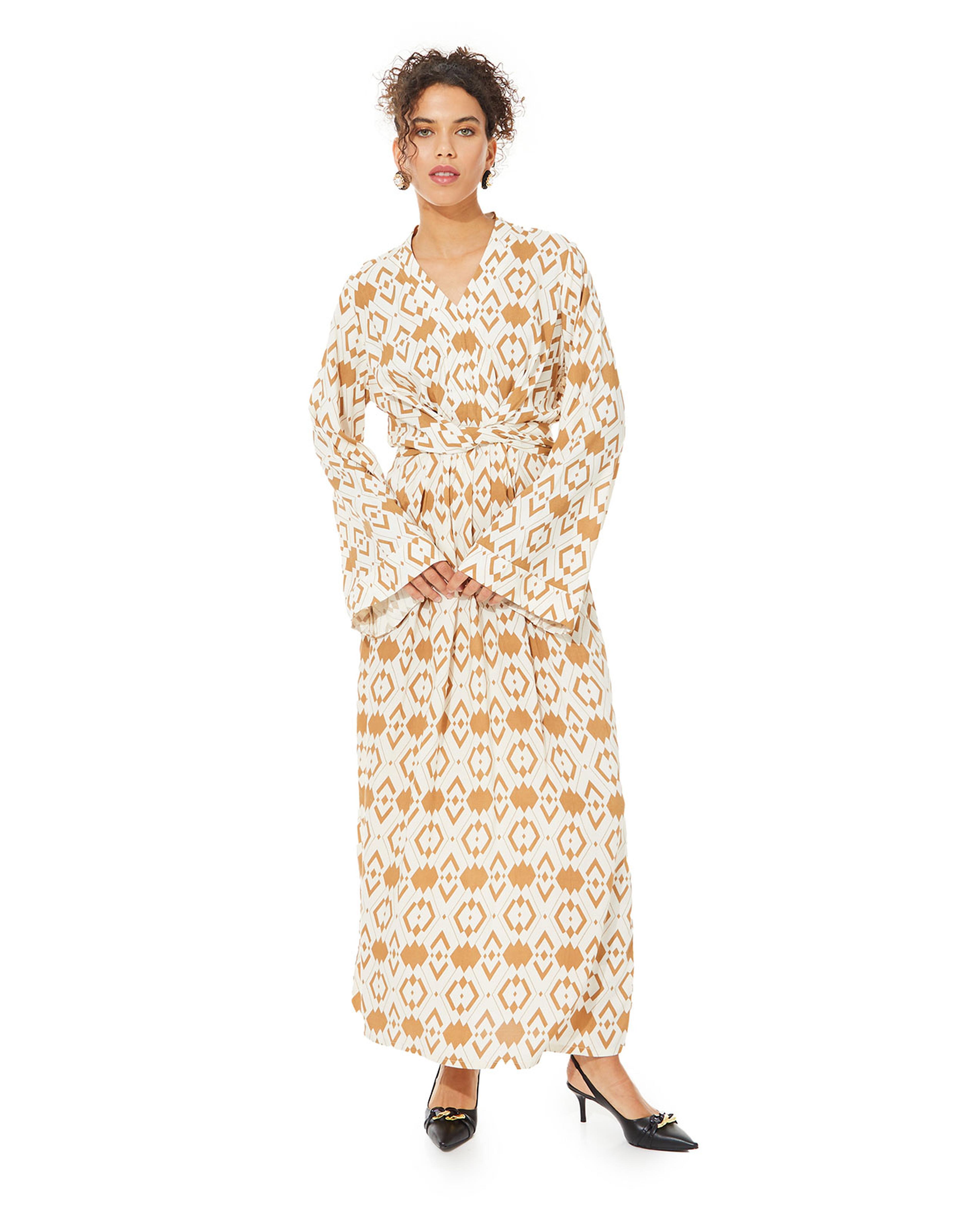 Patterned Maxi Dress with V-Neck and Bell Sleeves