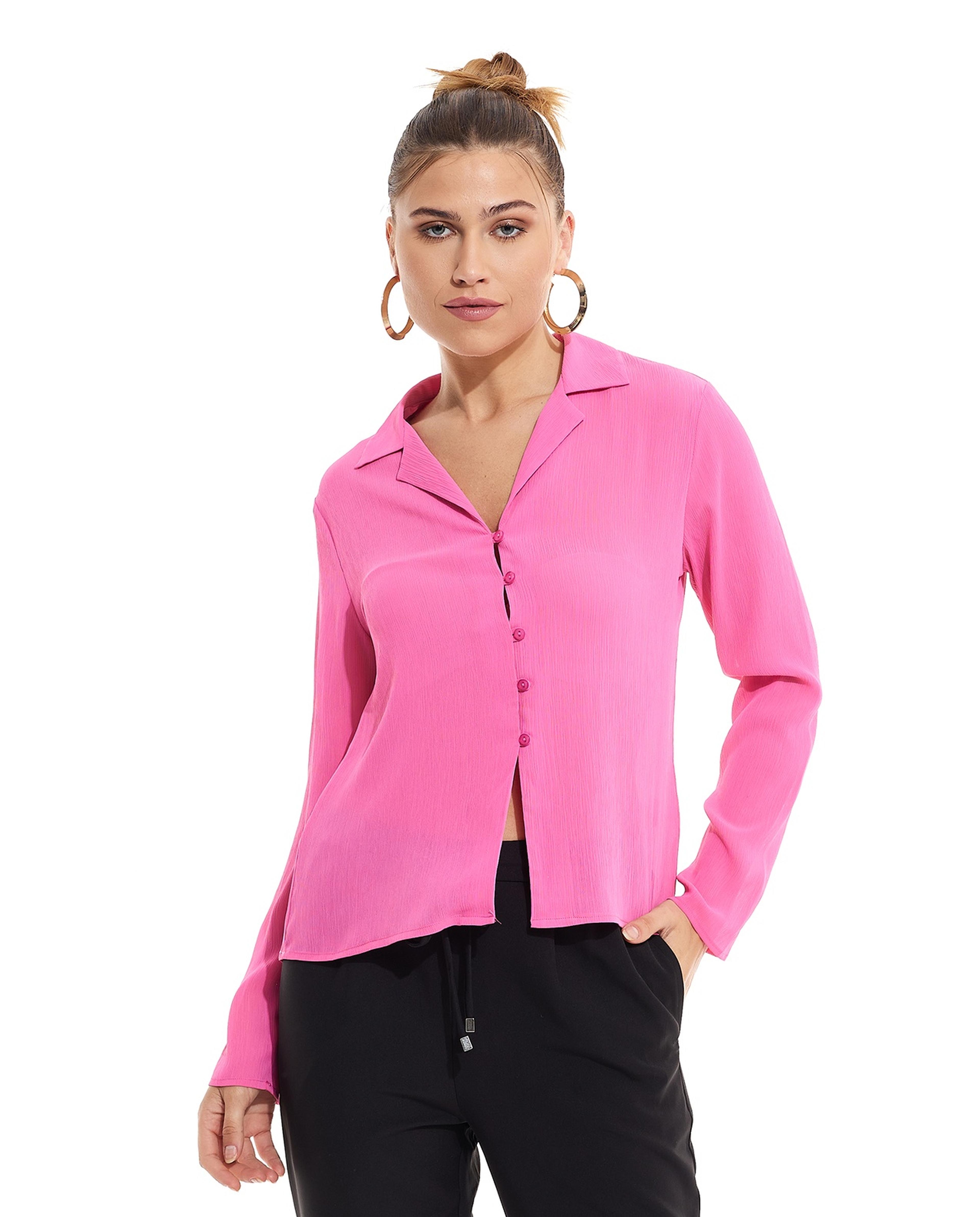 قميص سادة بياقة لابل وأكمام طويلة