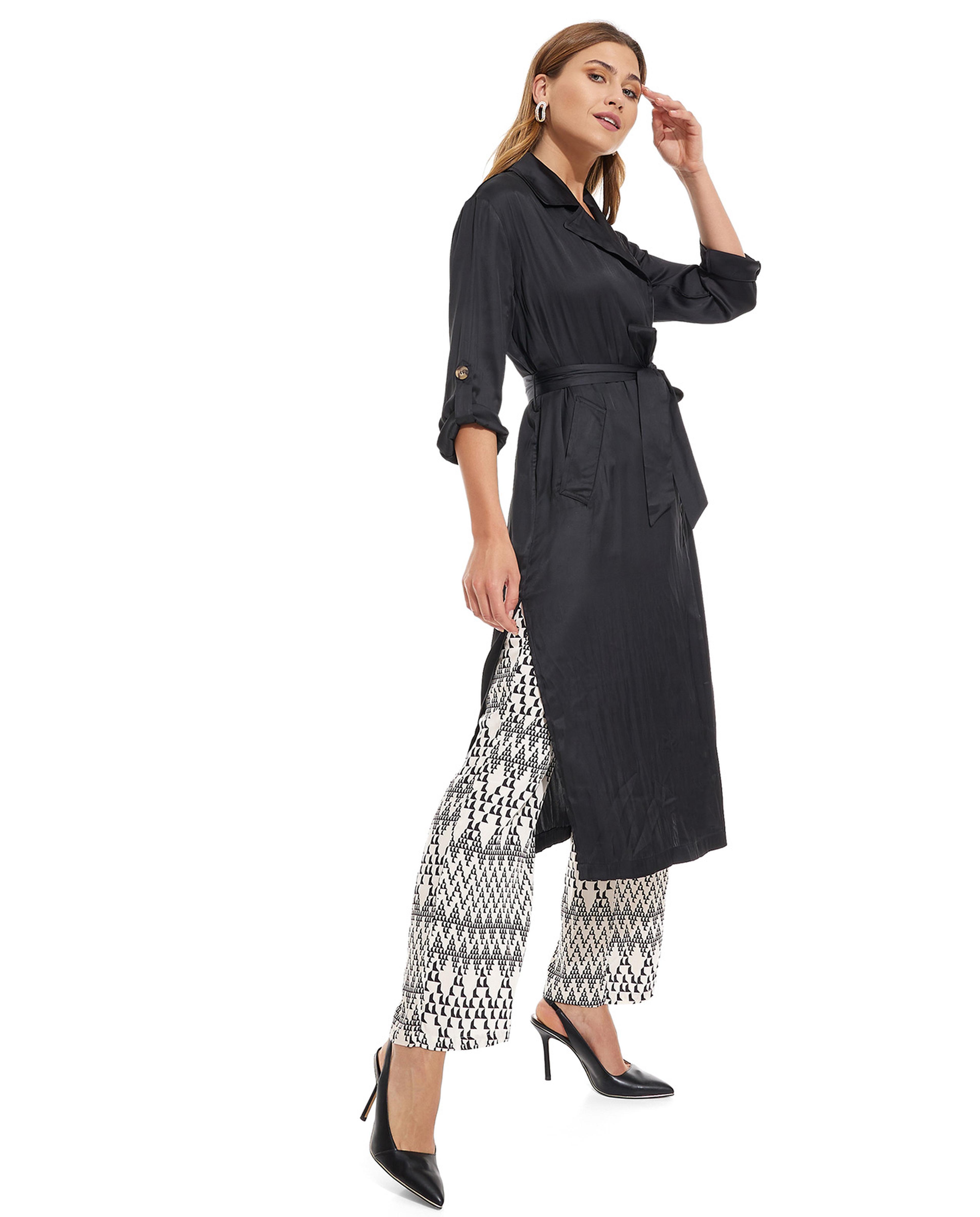 Solid Lapel Collar Overcoat with Waist Belt