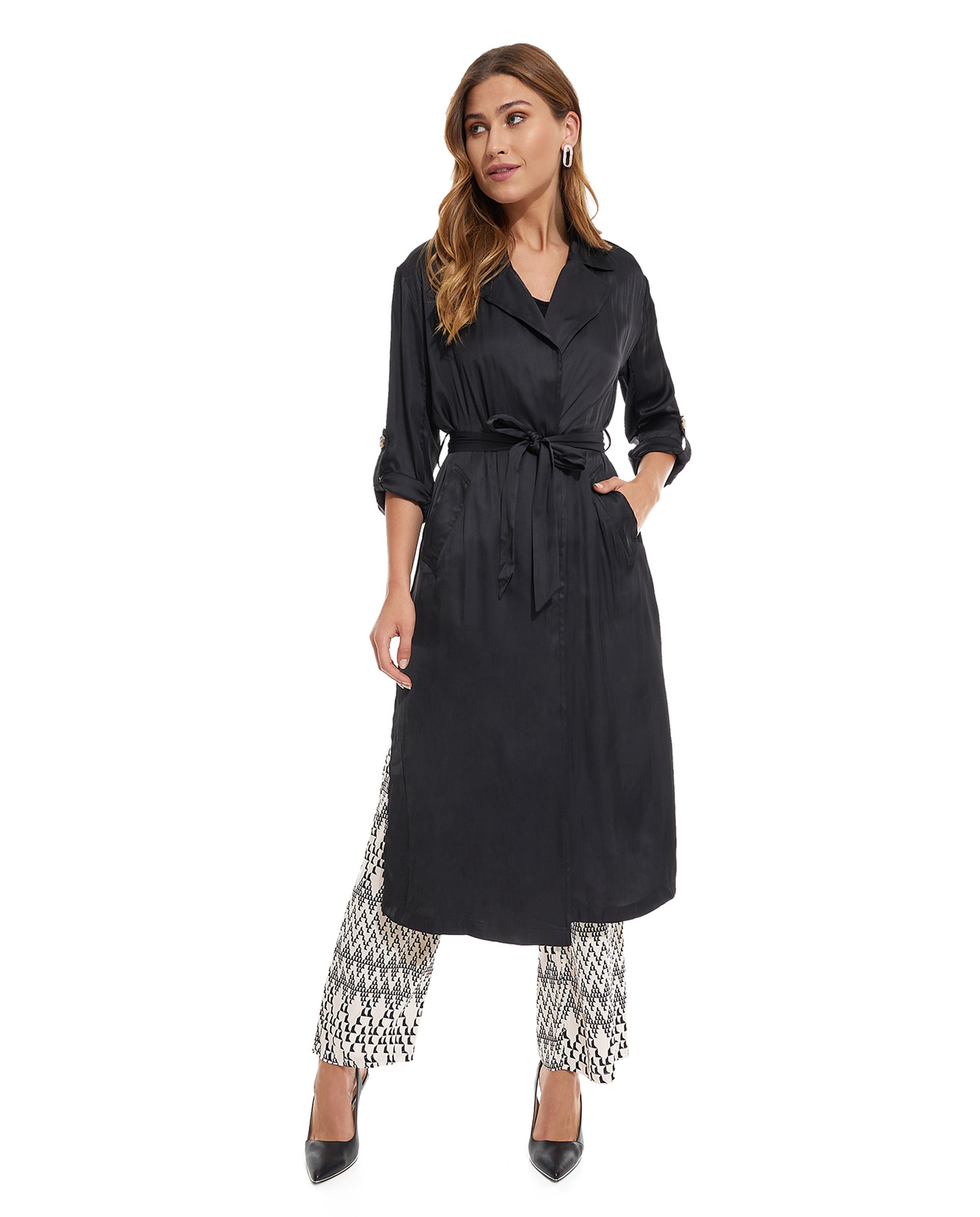 Solid Lapel Collar Overcoat with Waist Belt