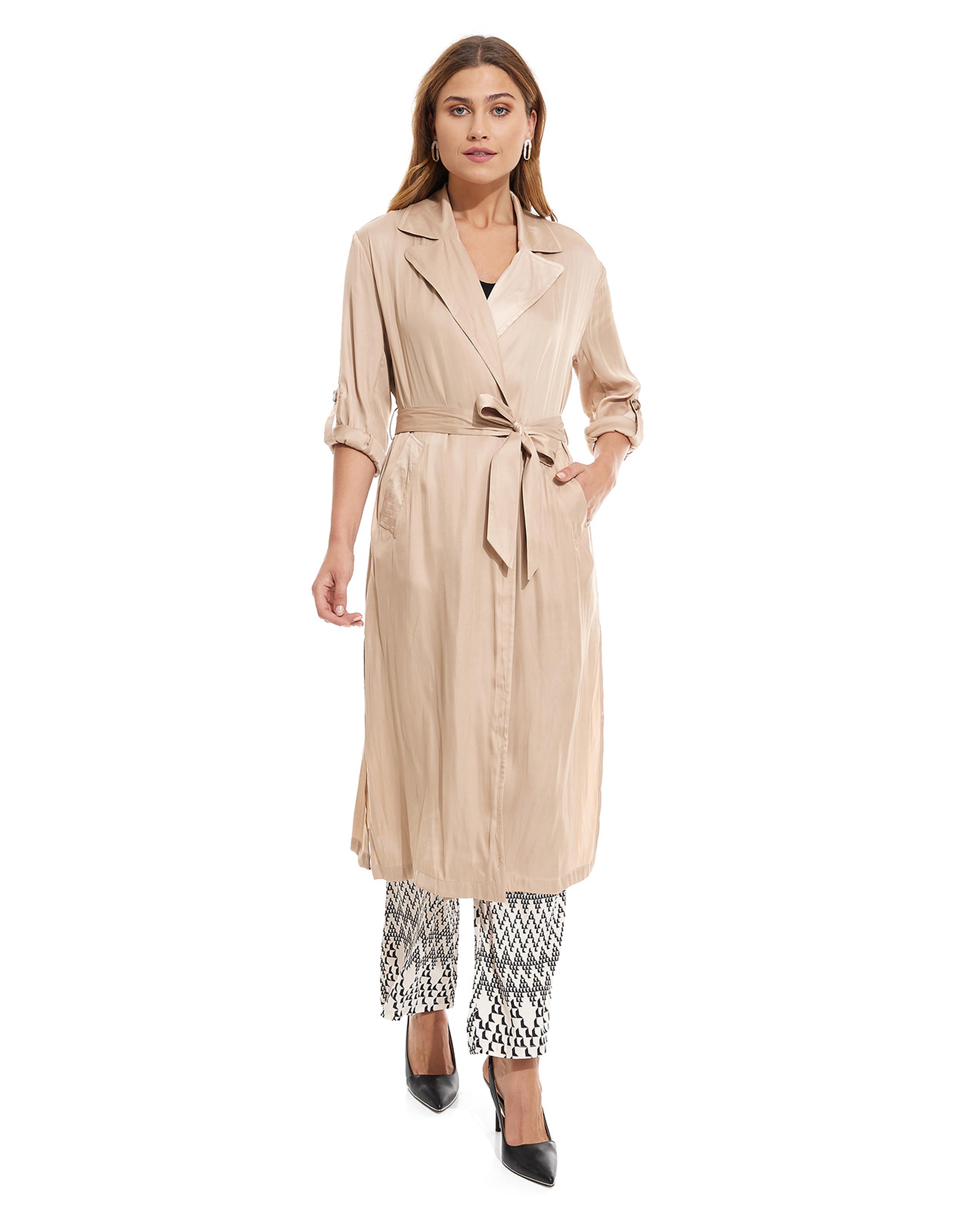 Solid Lapel Collar Overcoat with Waist Belt