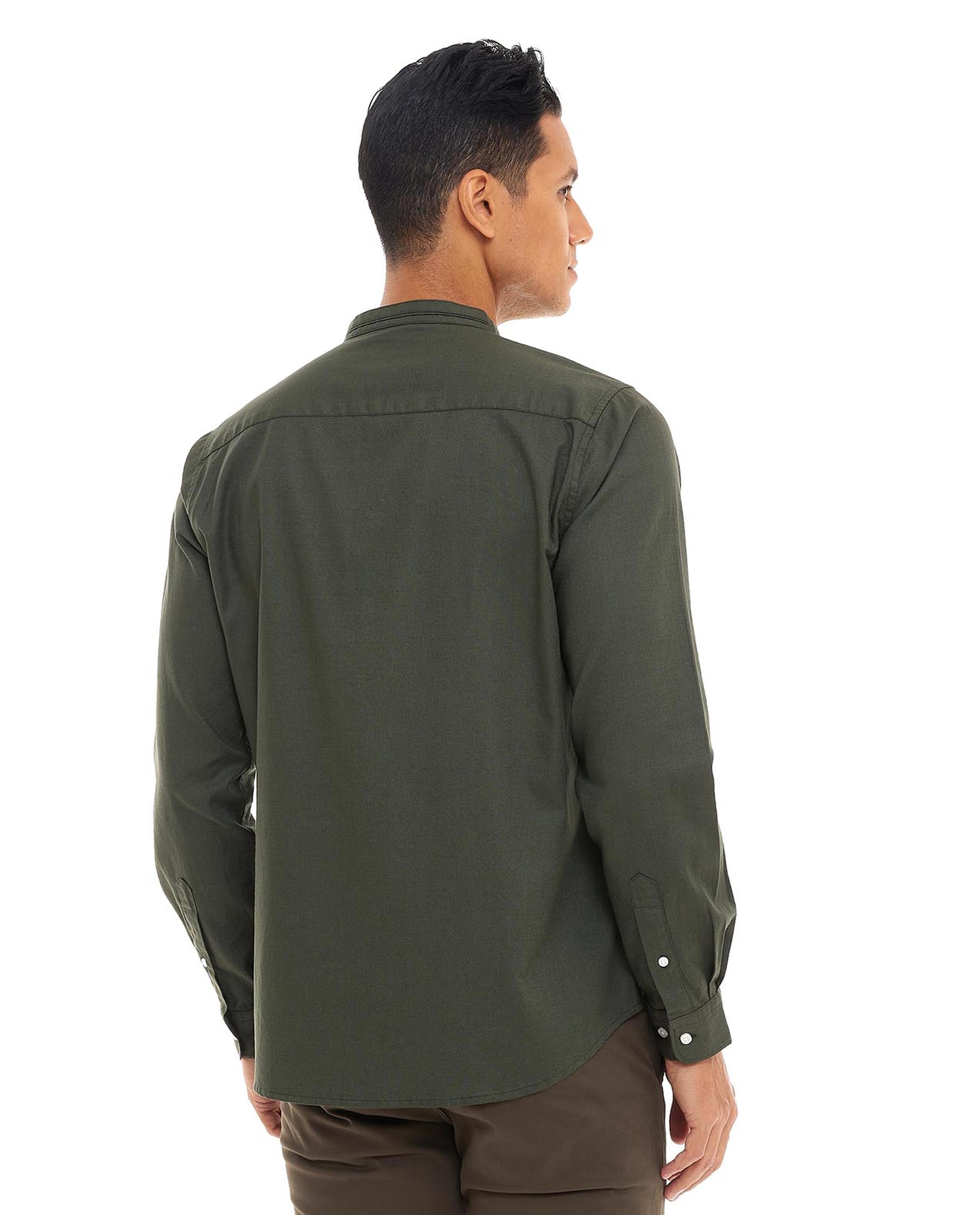 Solid Shirt with Stand Collar and Long Sleeves