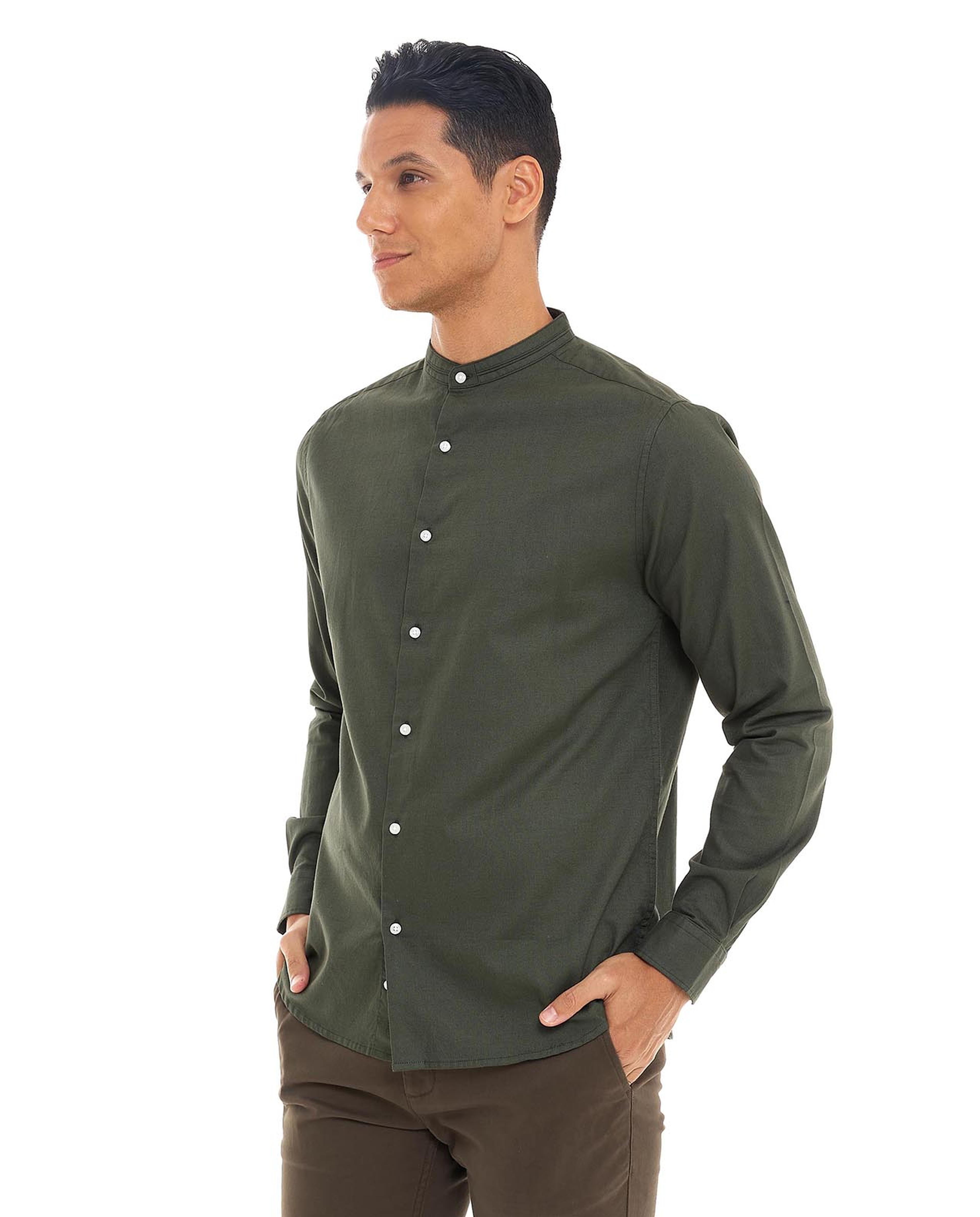 Solid Shirt with Stand Collar and Long Sleeves