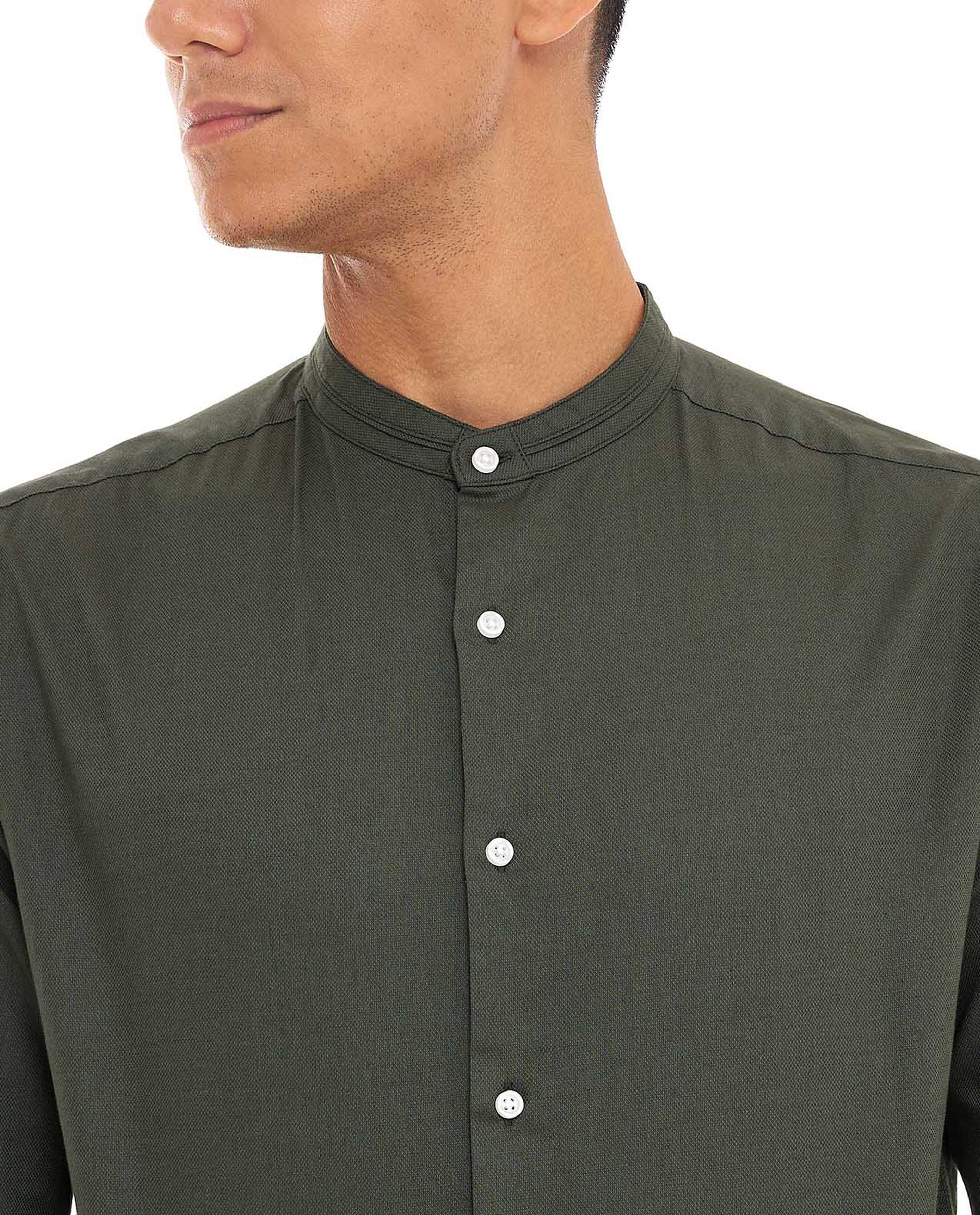 Solid Shirt with Stand Collar and Long Sleeves