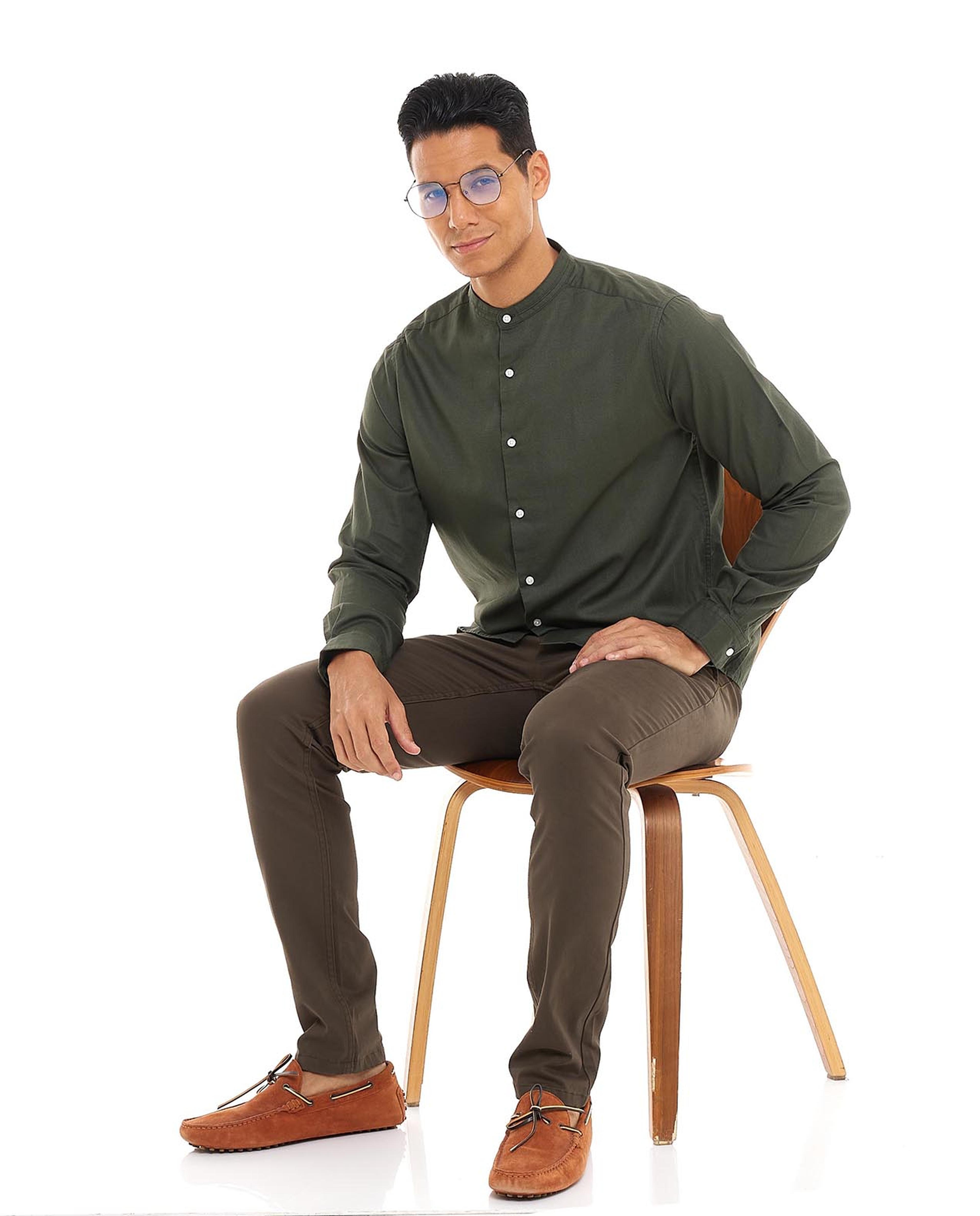 Solid Shirt with Stand Collar and Long Sleeves