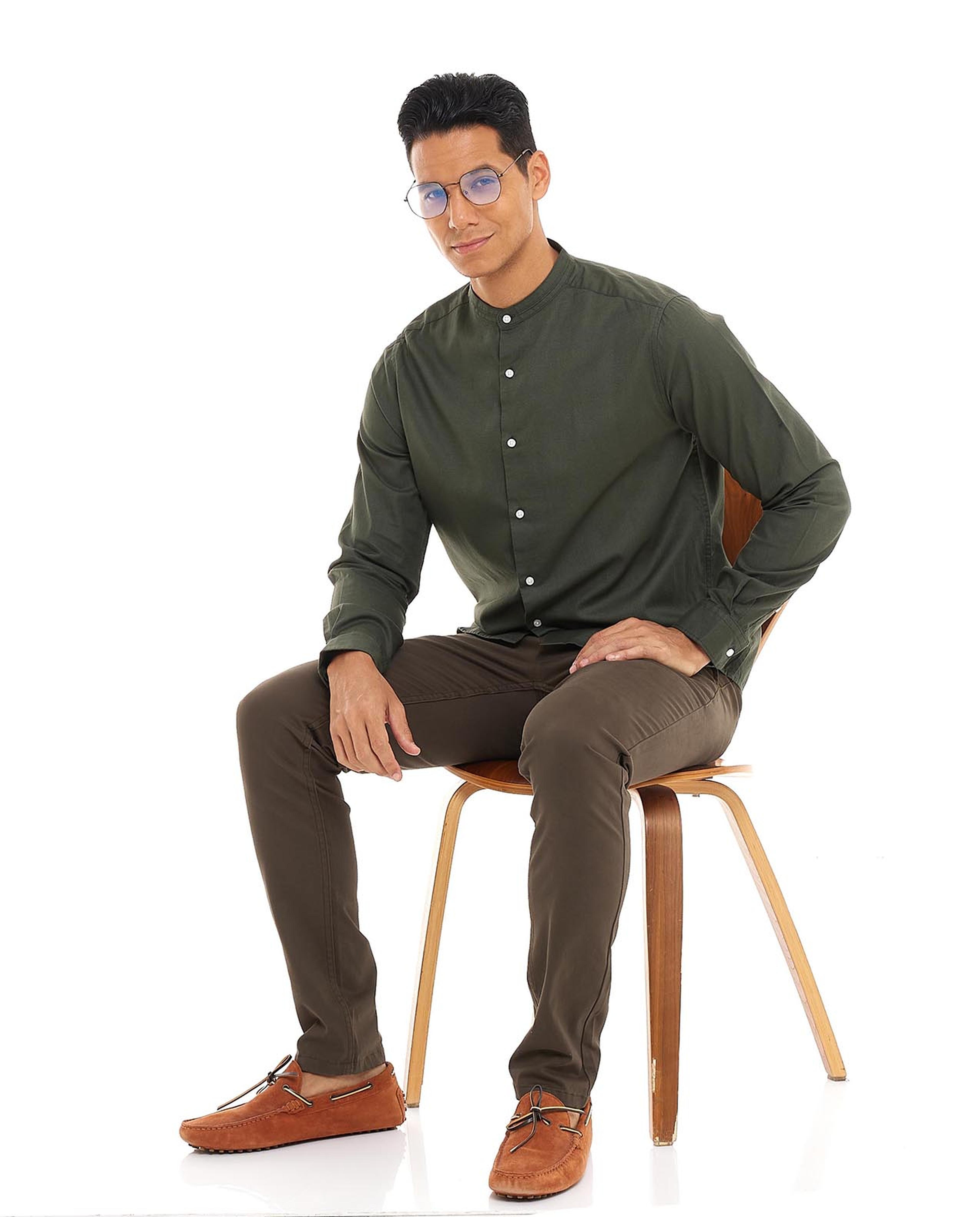 Solid Shirt with Stand Collar and Long Sleeves