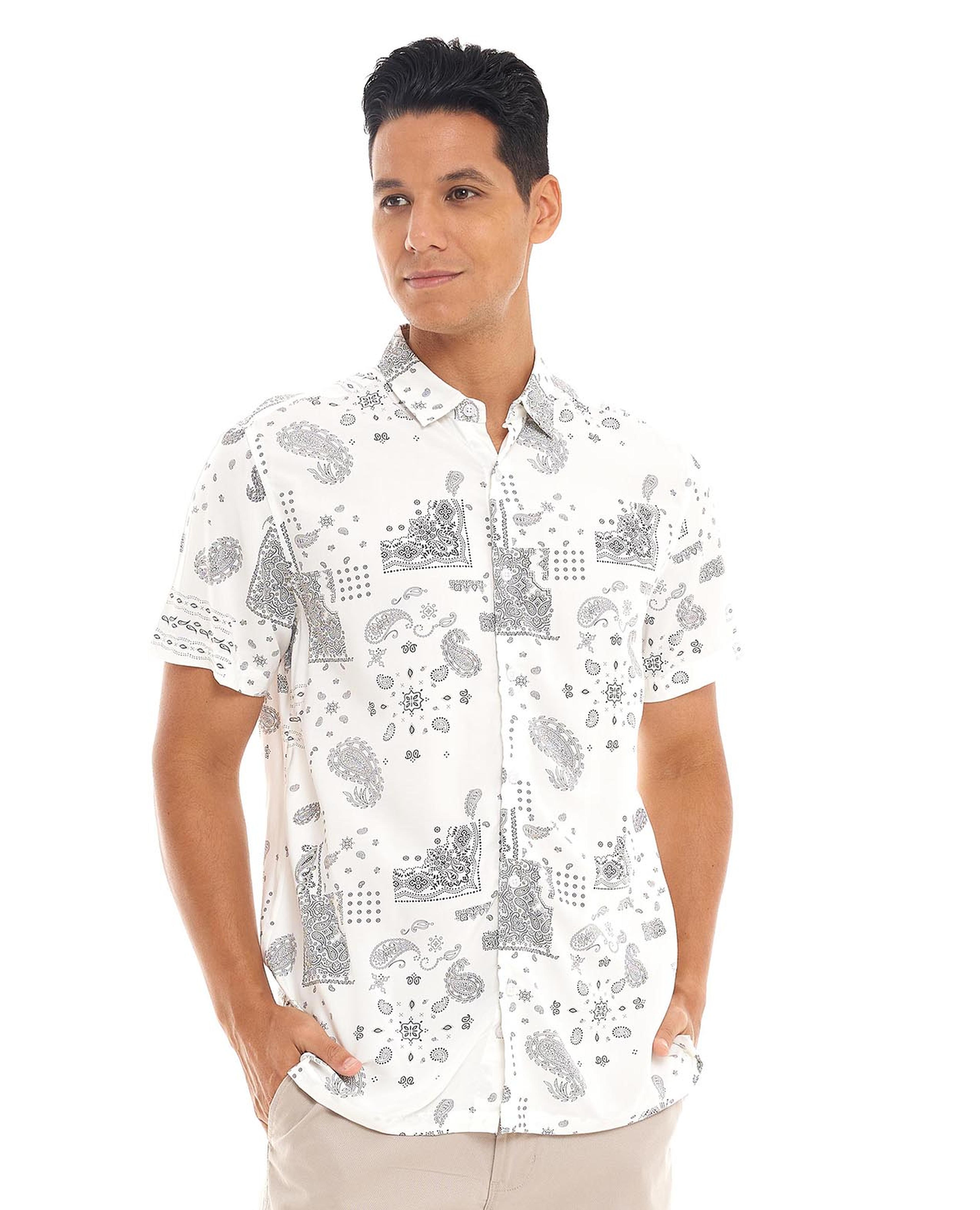 All Over Print Shirt with Classic Collar and Short Sleeves