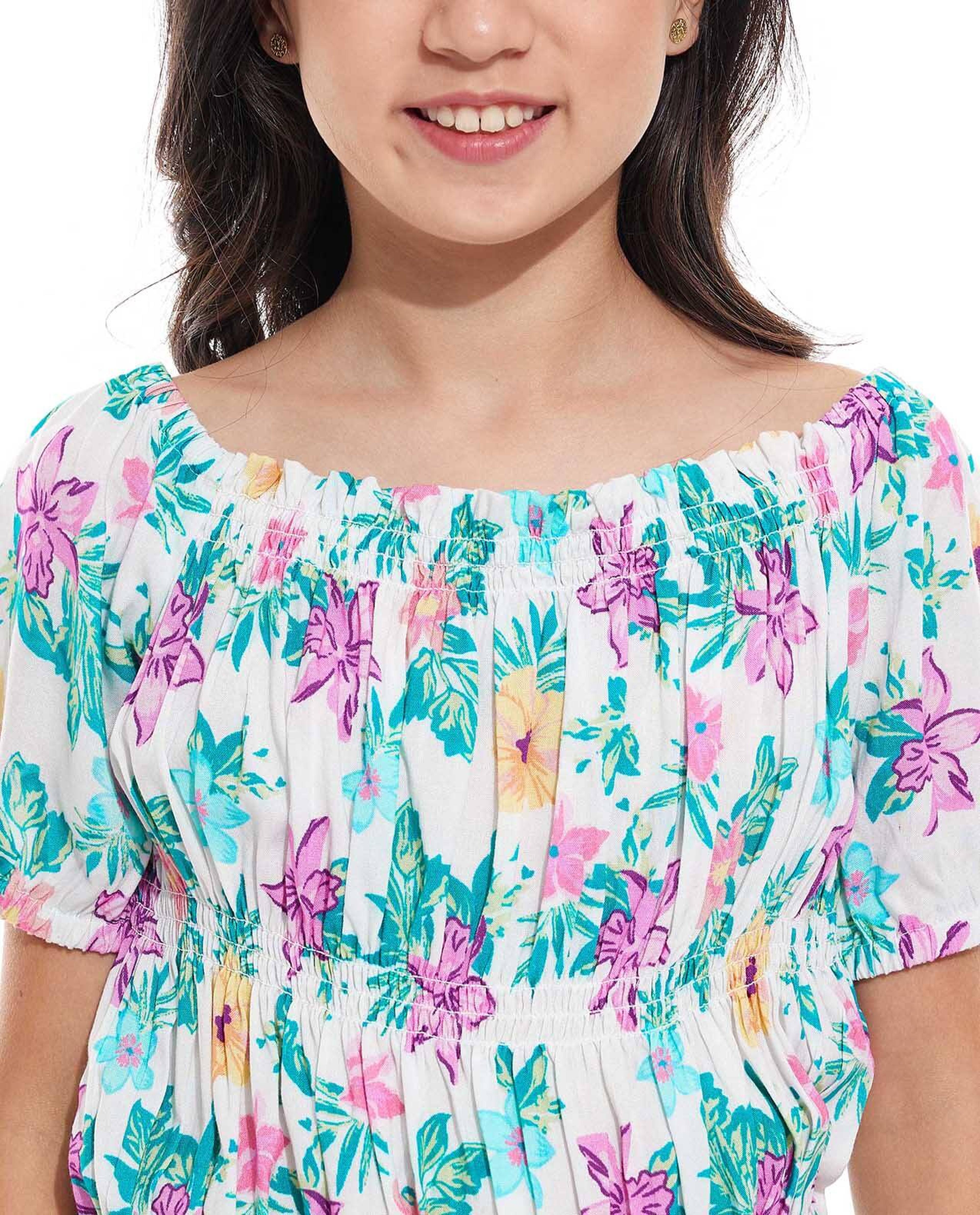 Floral Print Top with Round Neck and Short Sleeves