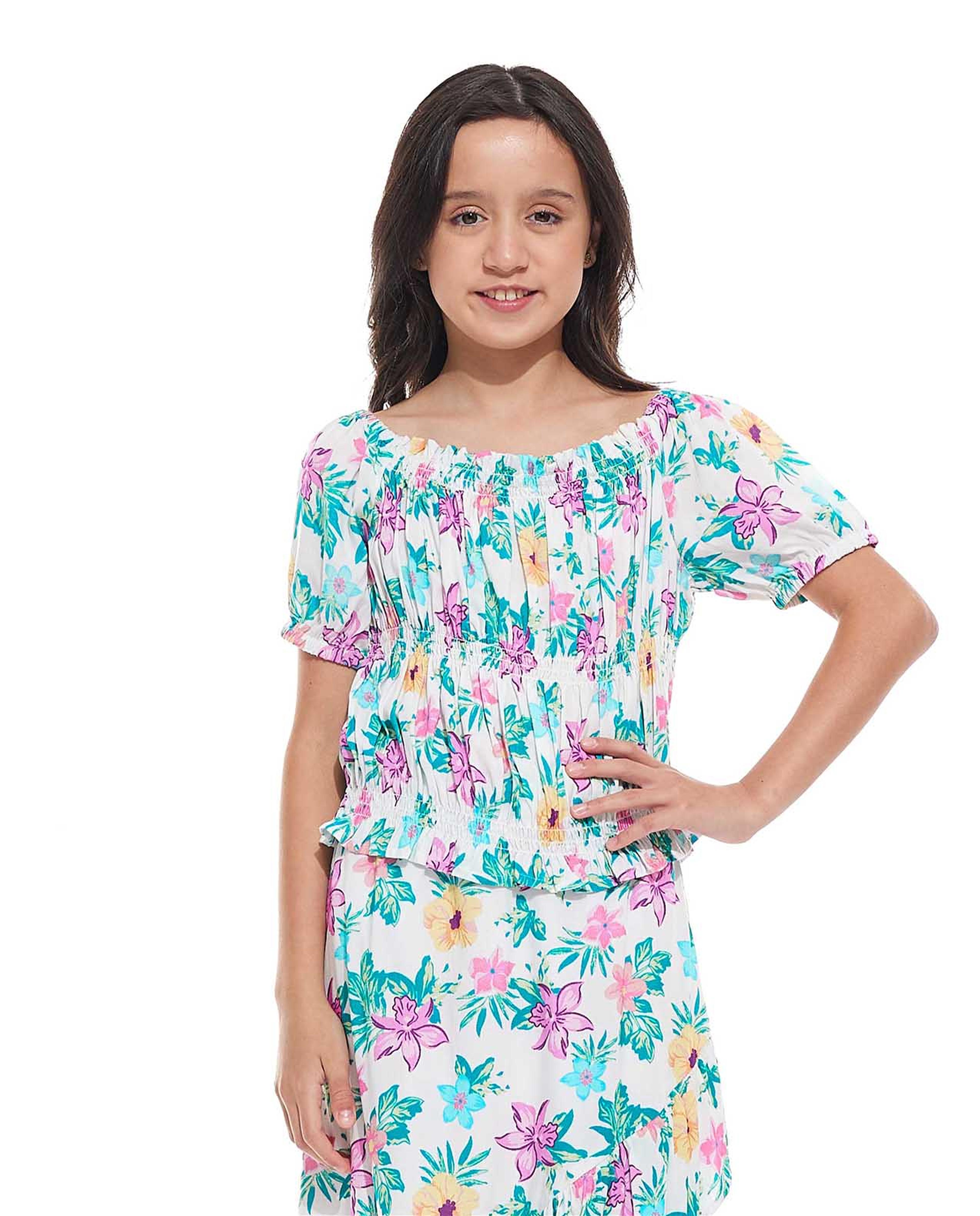 Floral Print Top with Round Neck and Short Sleeves
