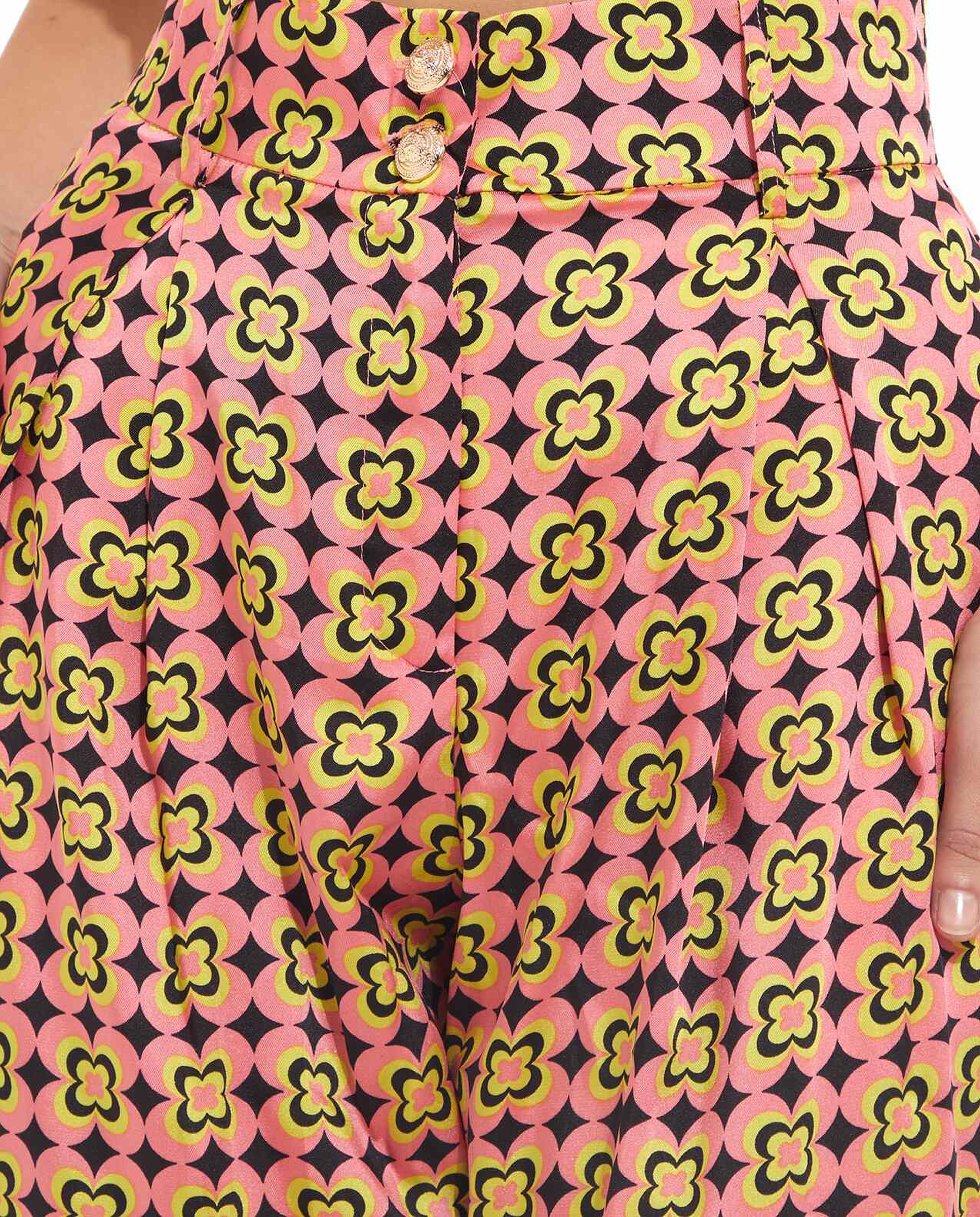 Printed Wide Leg Pants with Button Closure