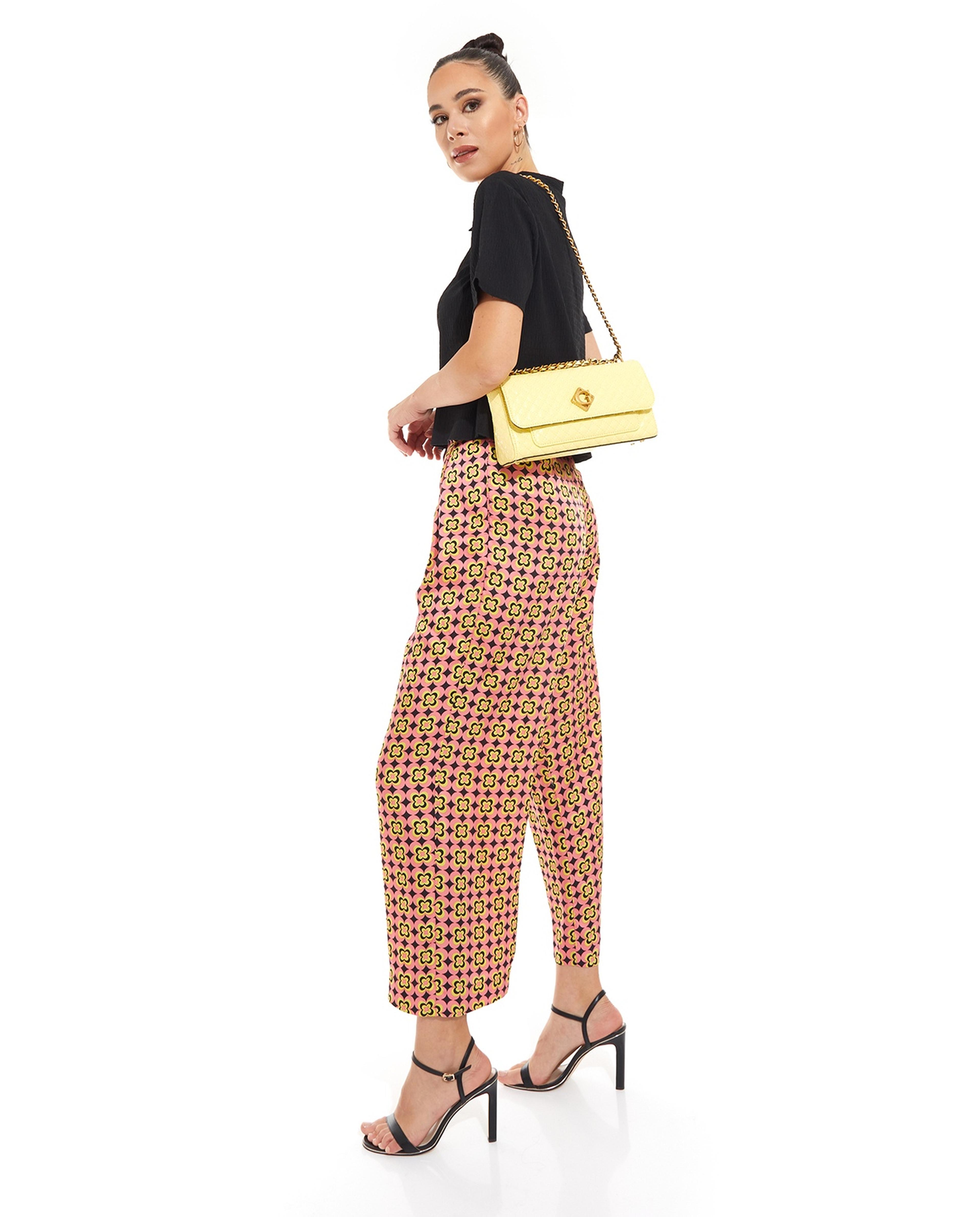 Printed Wide Leg Pants with Button Closure