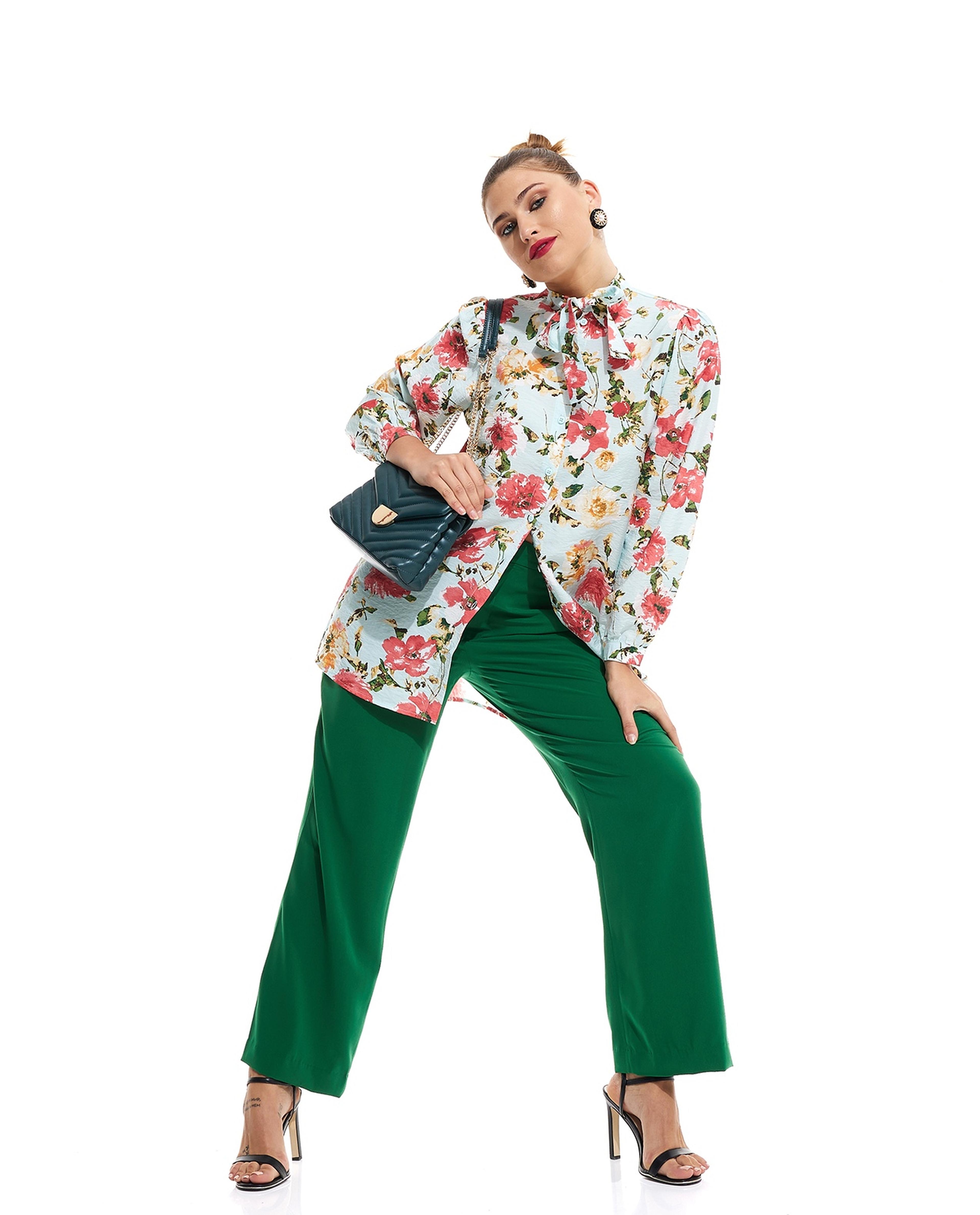 Patterned Tunic with Tie-Up Neck and Long Sleeves