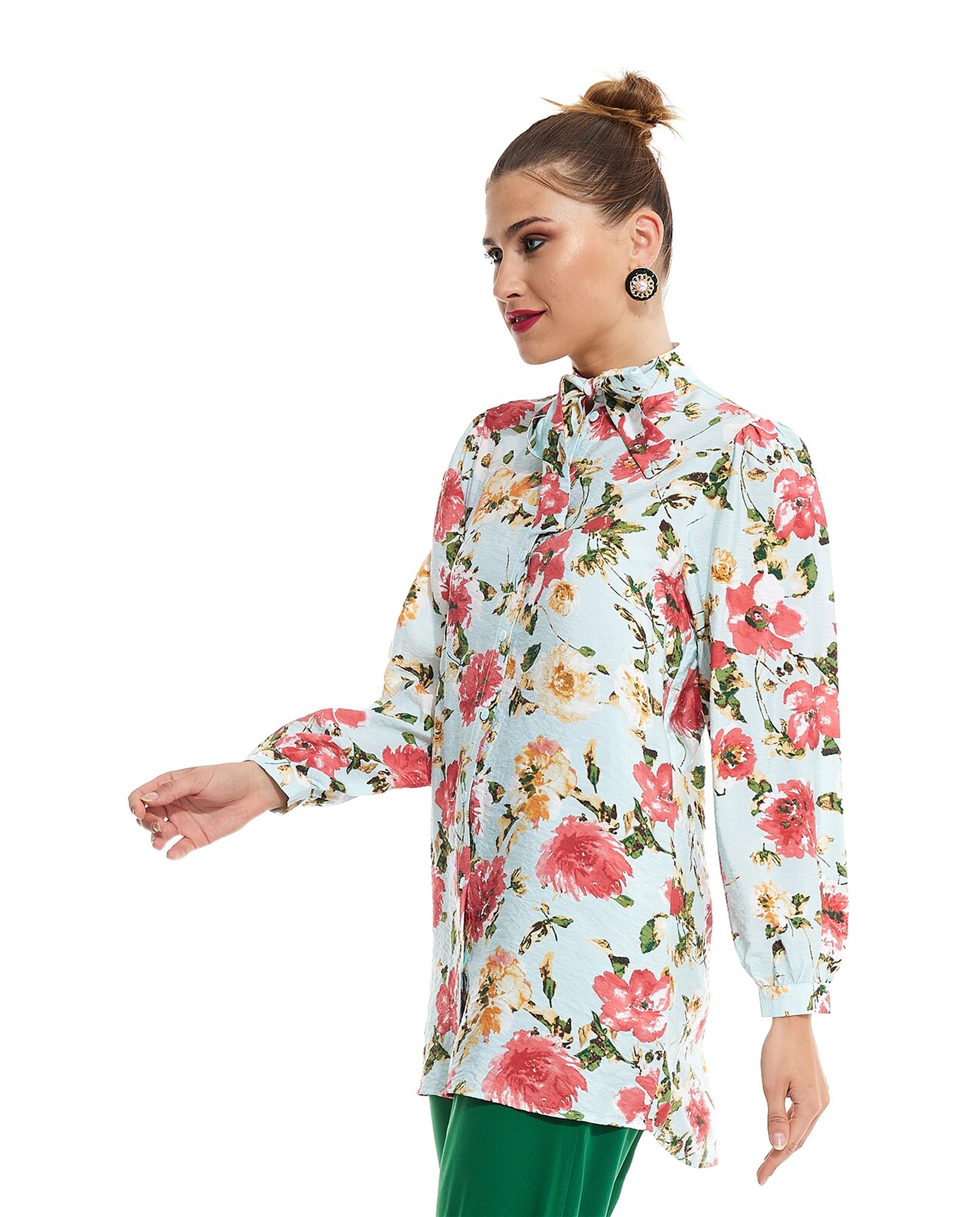 Patterned Tunic with Tie-Up Neck and Long Sleeves