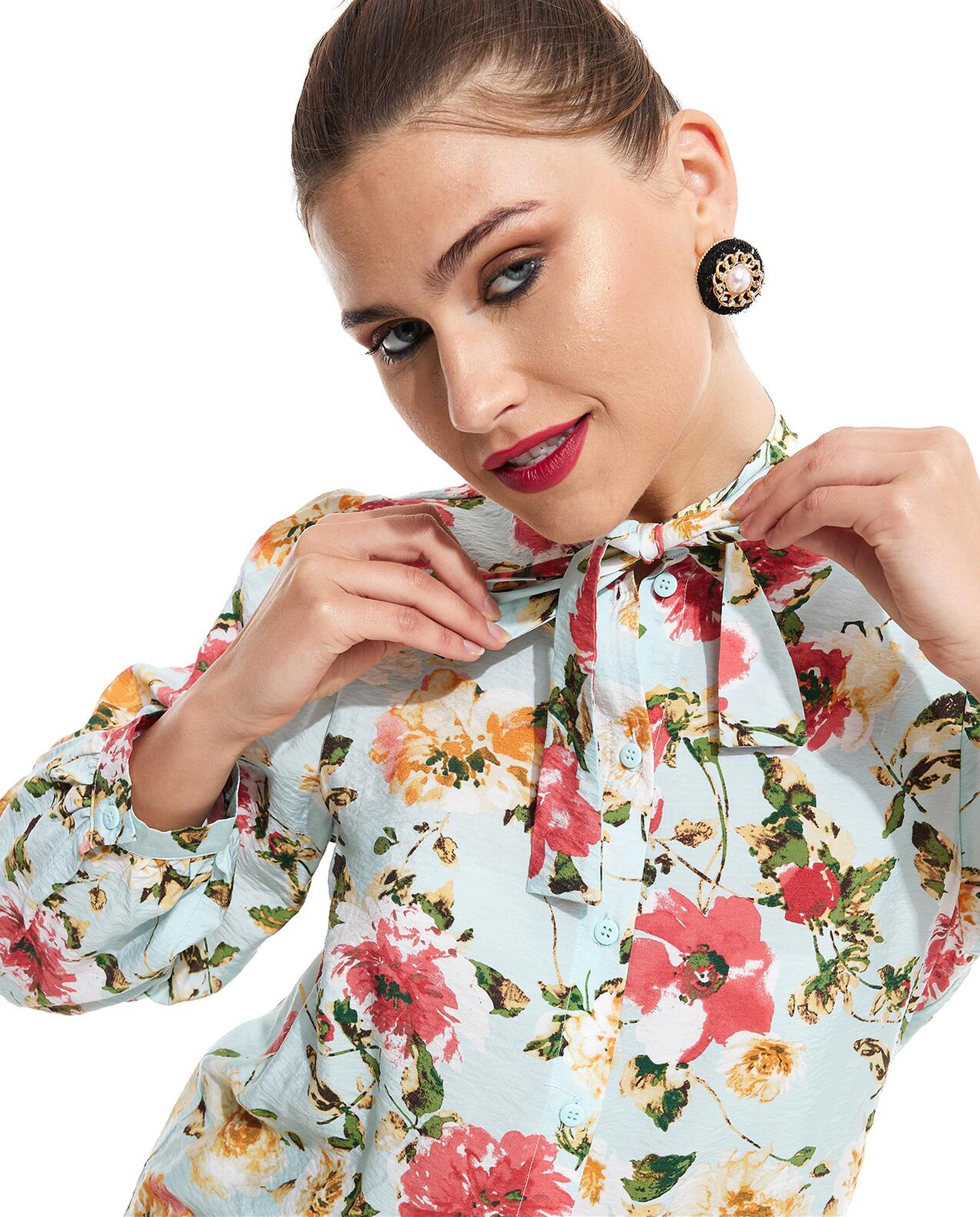 Patterned Tunic with Tie-Up Neck and Long Sleeves