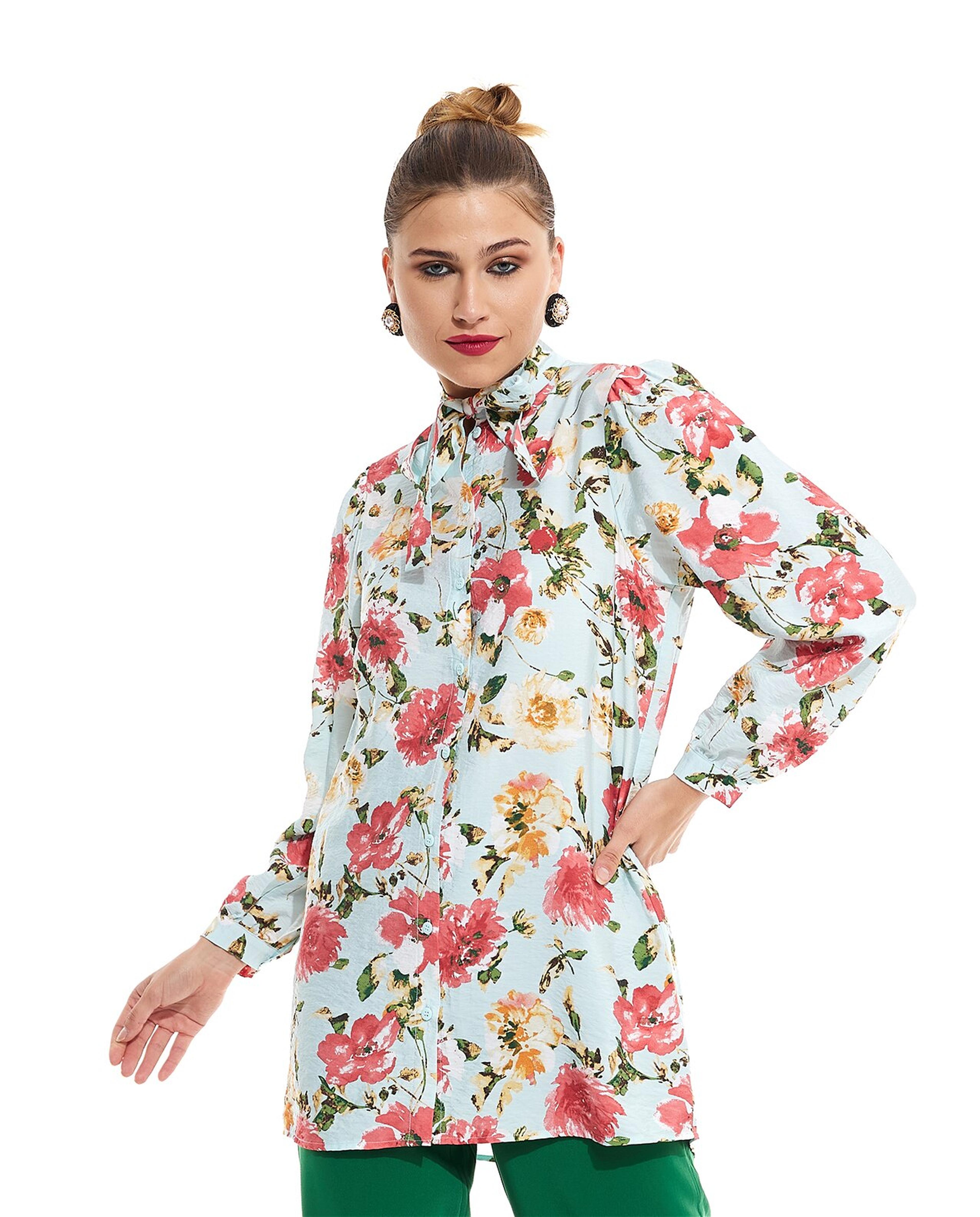 Patterned Tunic with Tie-Up Neck and Long Sleeves