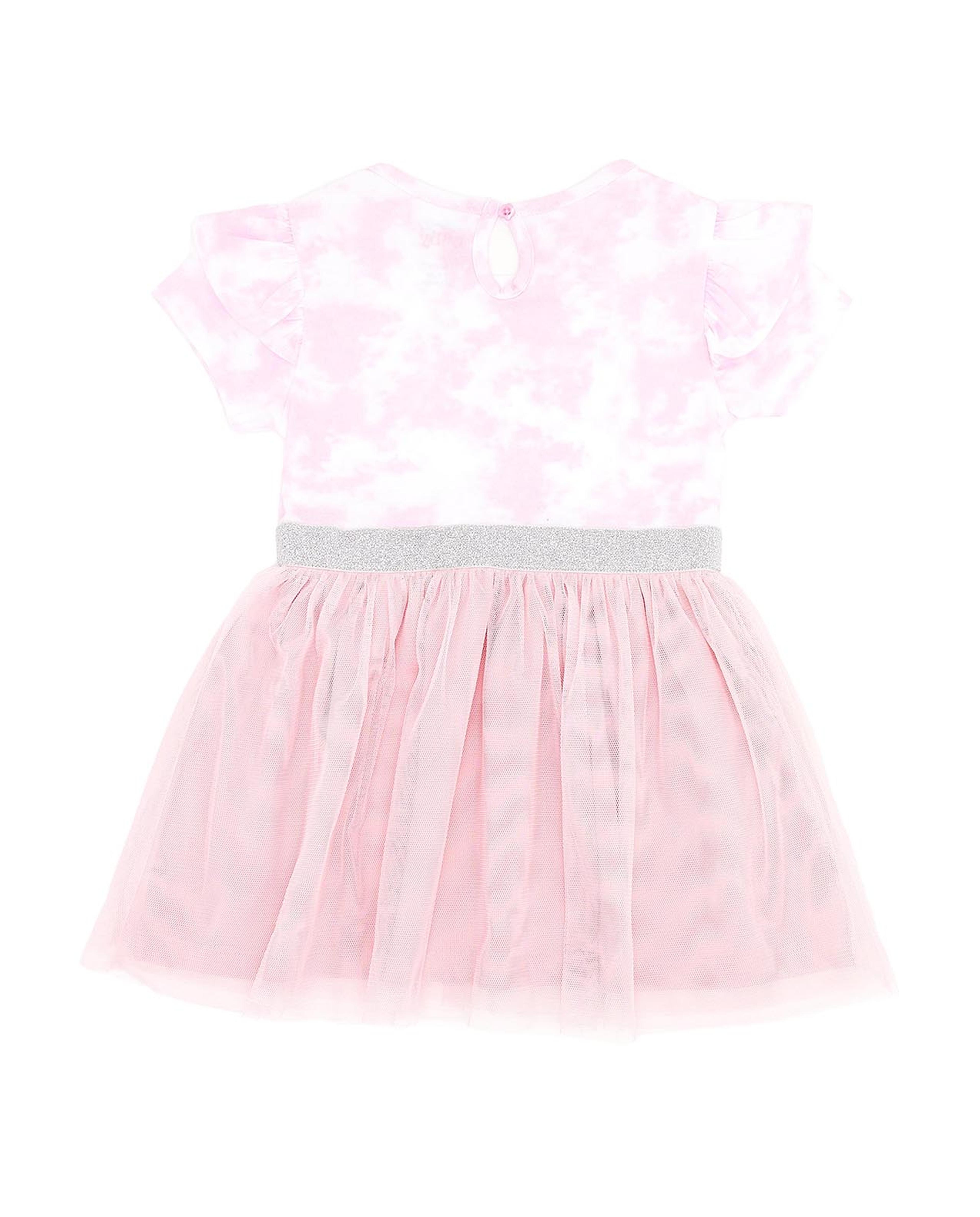 Printed Tulle Dress with Round Neck and Short Sleeves