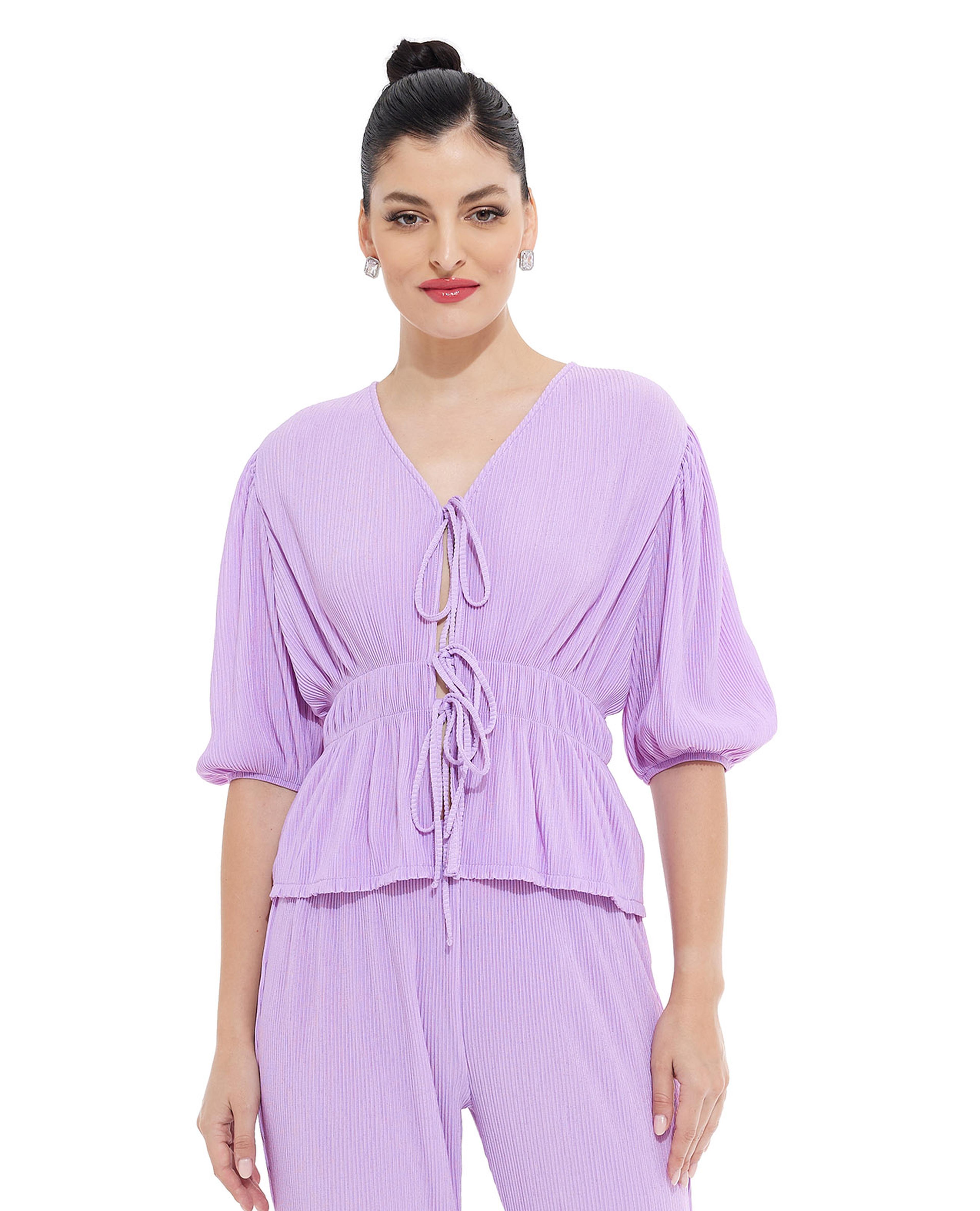 Pleated Front Tie-Up Top with Puff Sleeves
