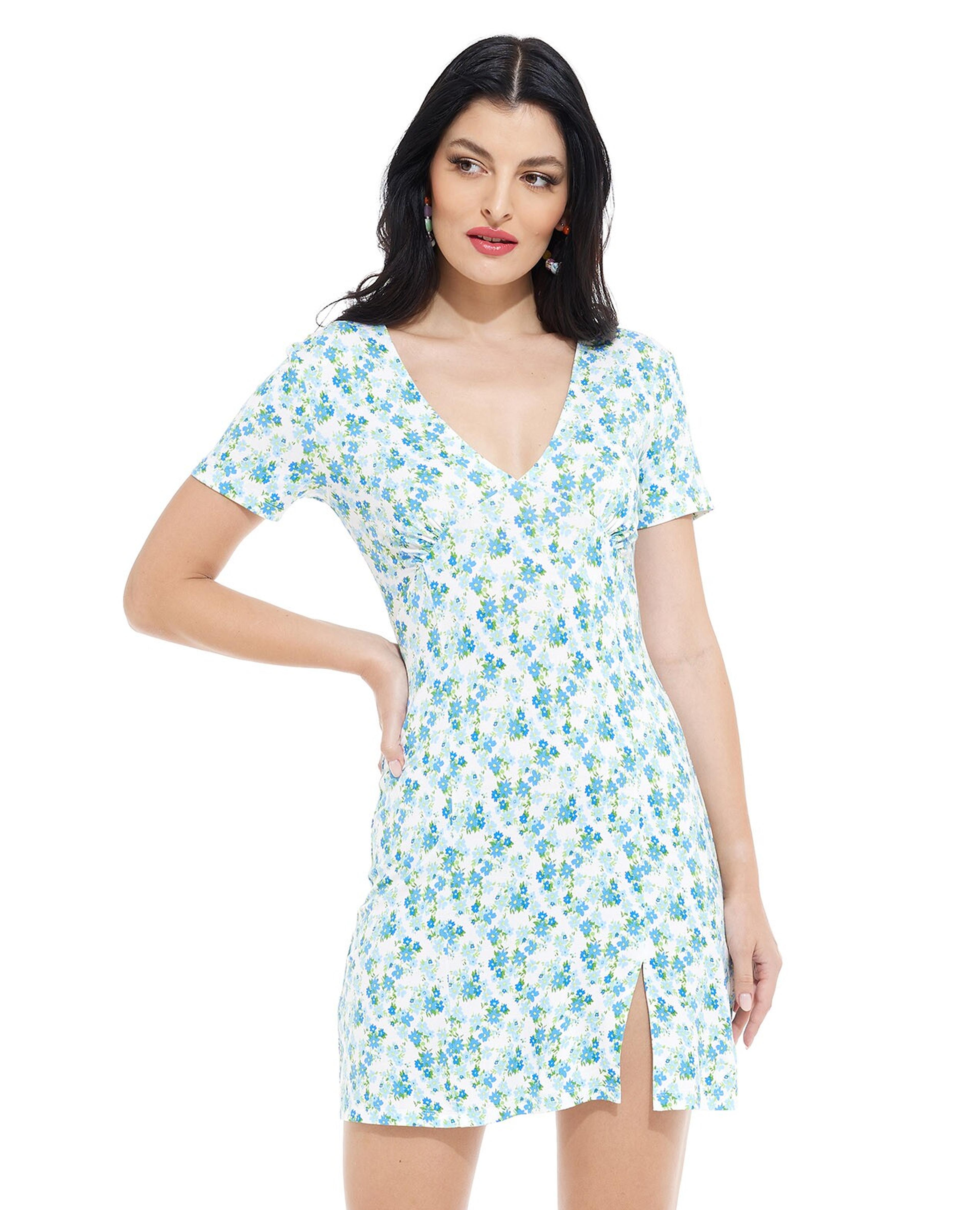 Printed Mini Dress with V-Neck and Short Sleeves