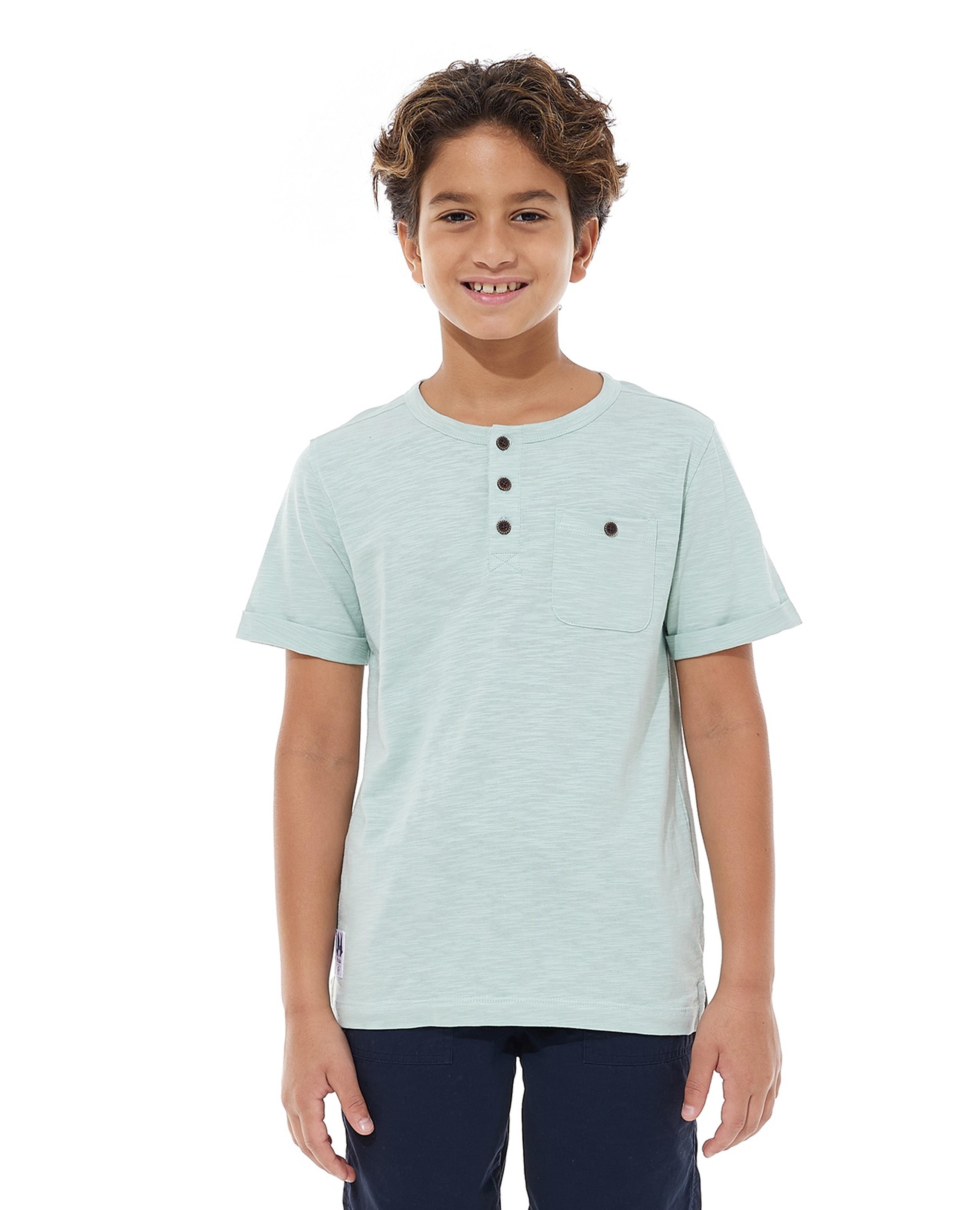 Solid T-Shirt with Henley Neck and Short Sleeves