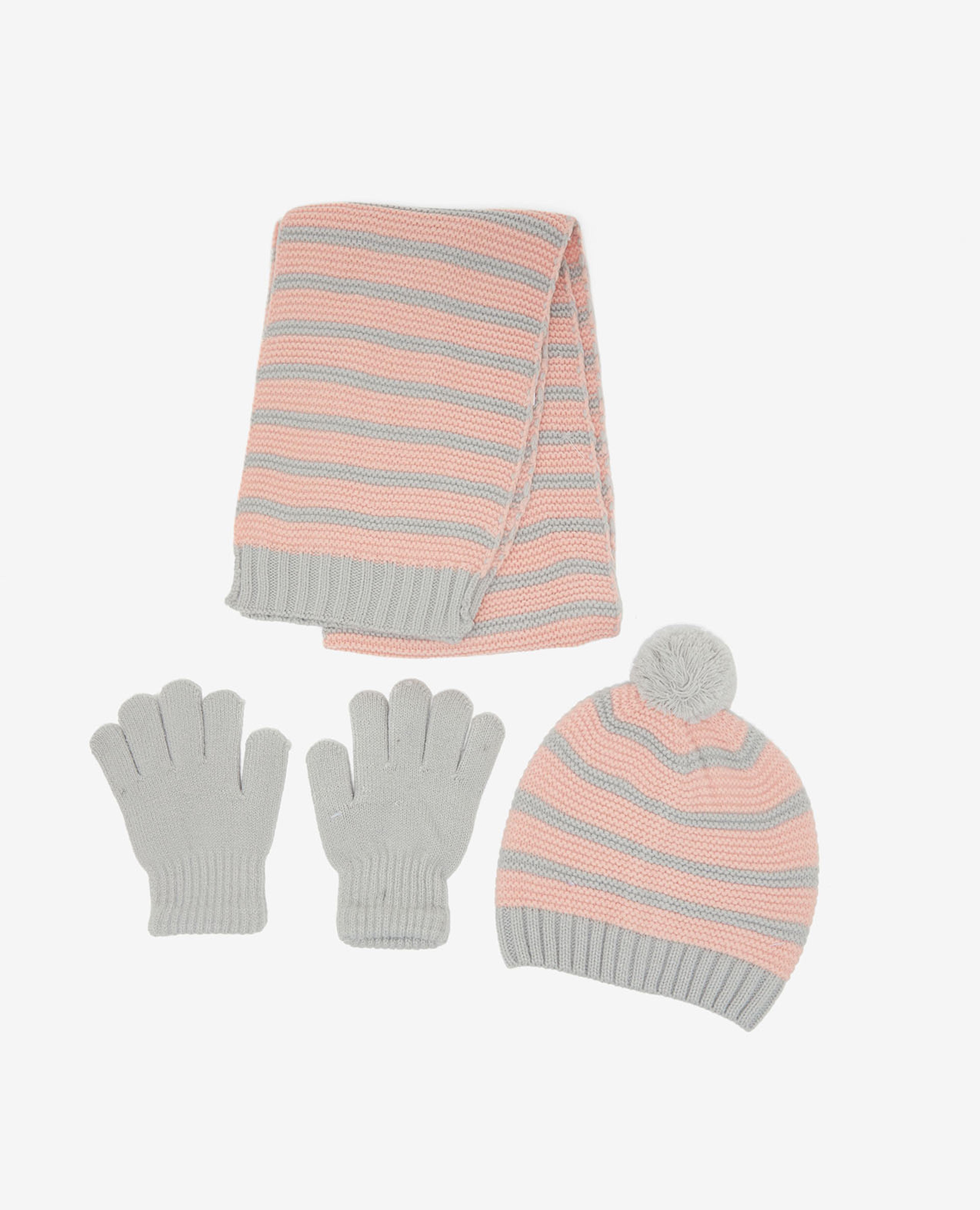 Striped Set of Scarf, Cap and Gloves Set