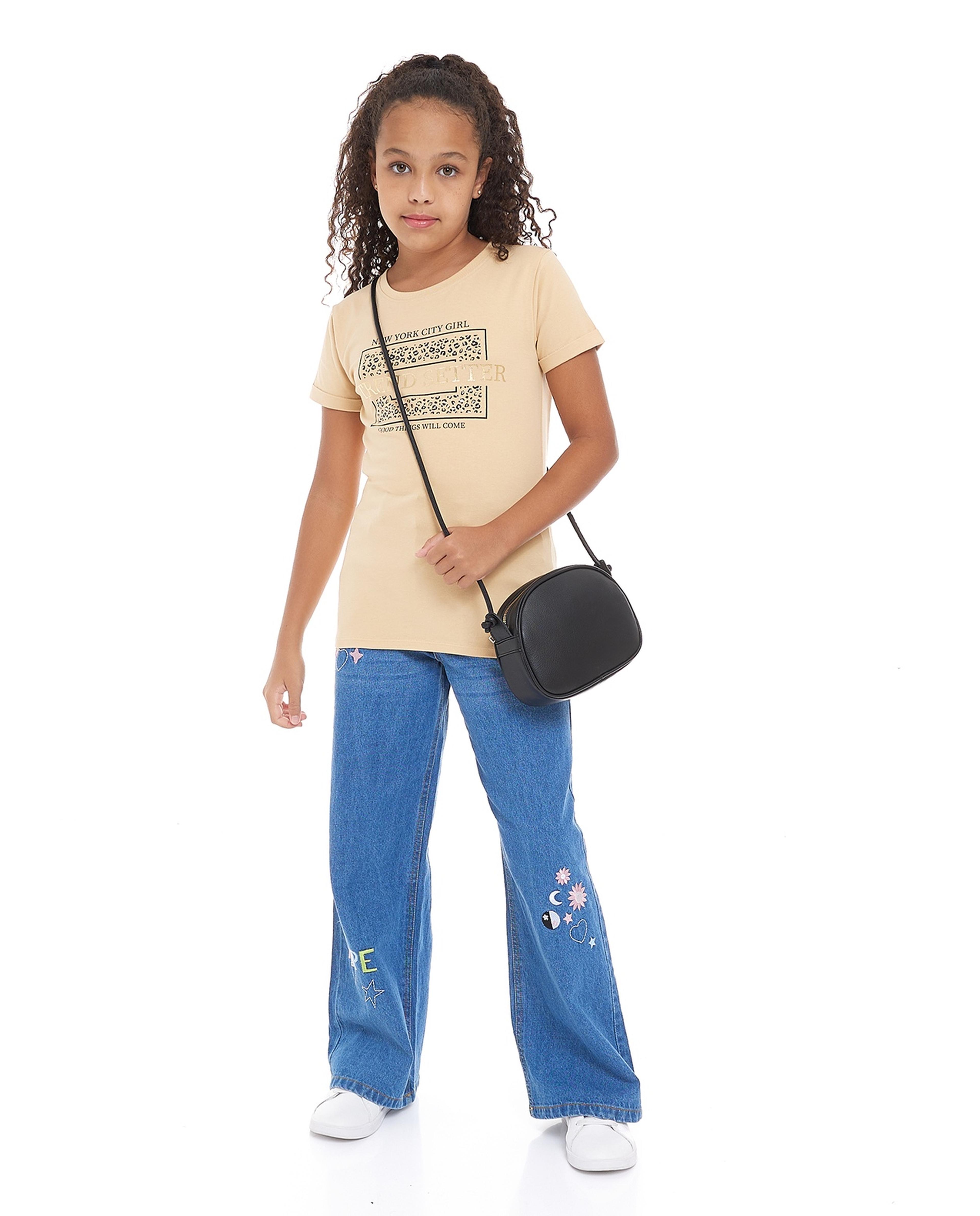 Typography Print T-Shirt with Crew Neck and Short Sleeves