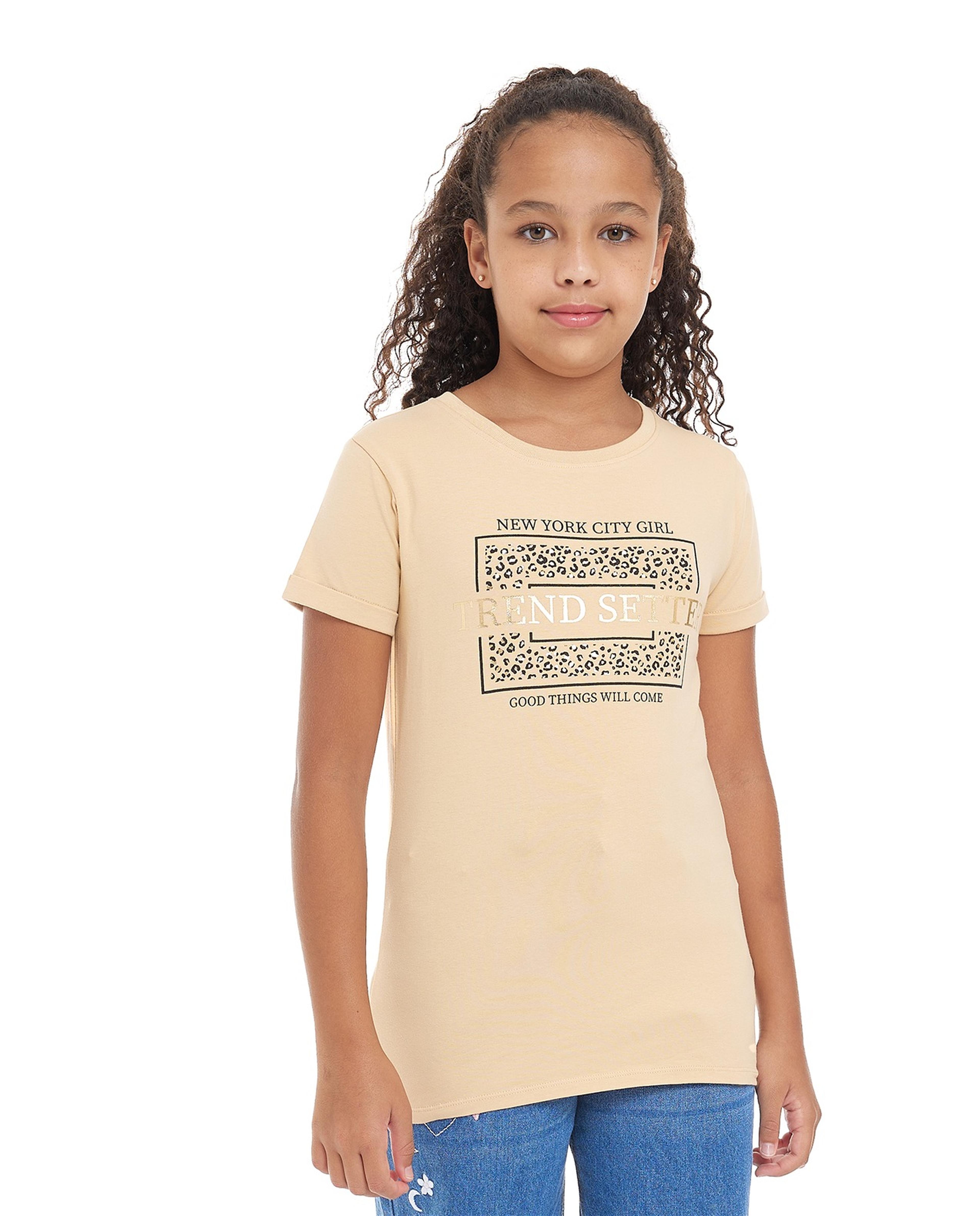 Typography Print T-Shirt with Crew Neck and Short Sleeves