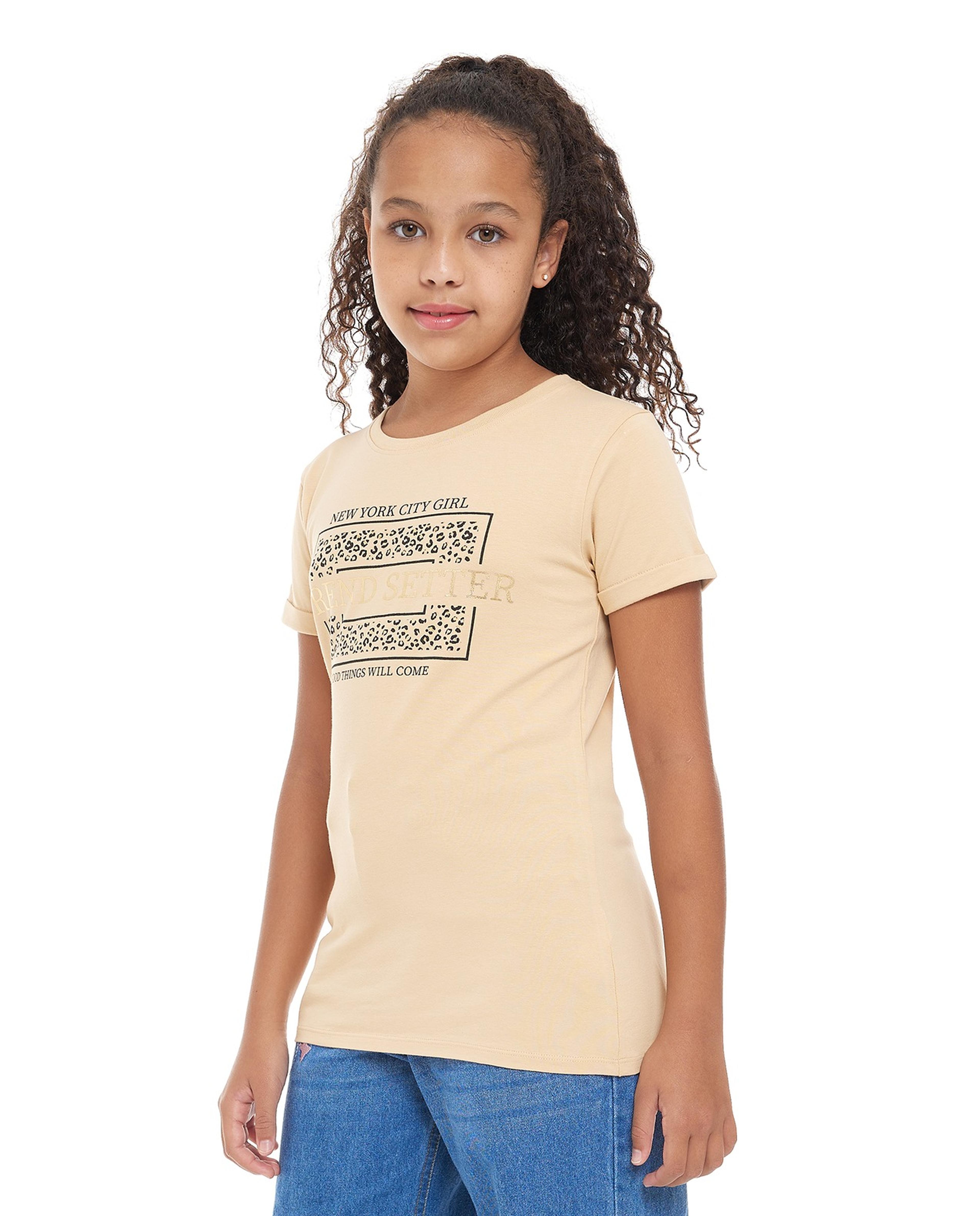 Typography Print T-Shirt with Crew Neck and Short Sleeves