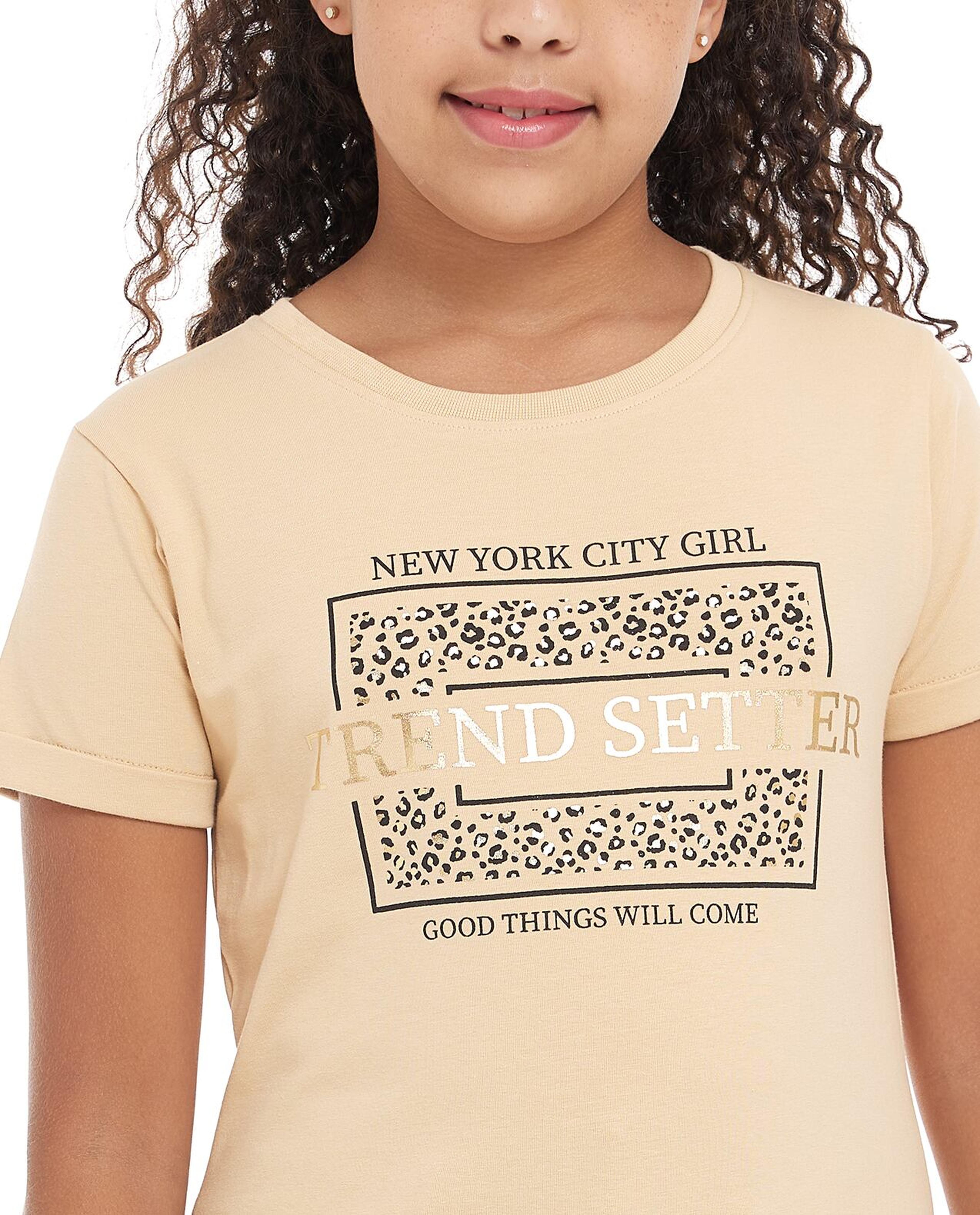 Typography Print T-Shirt with Crew Neck and Short Sleeves