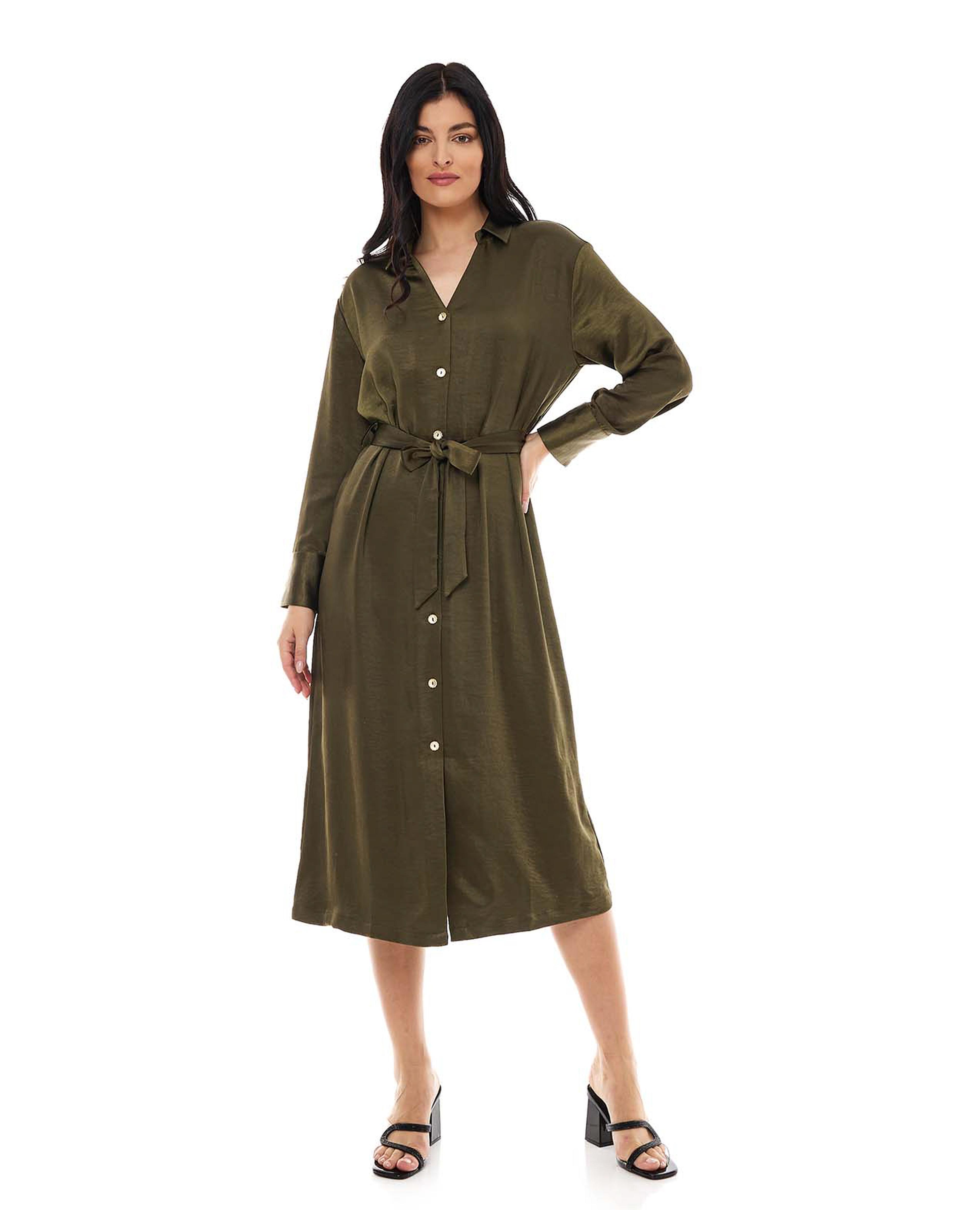 Solid Midi Dress with Collared Neck and Long Sleeves