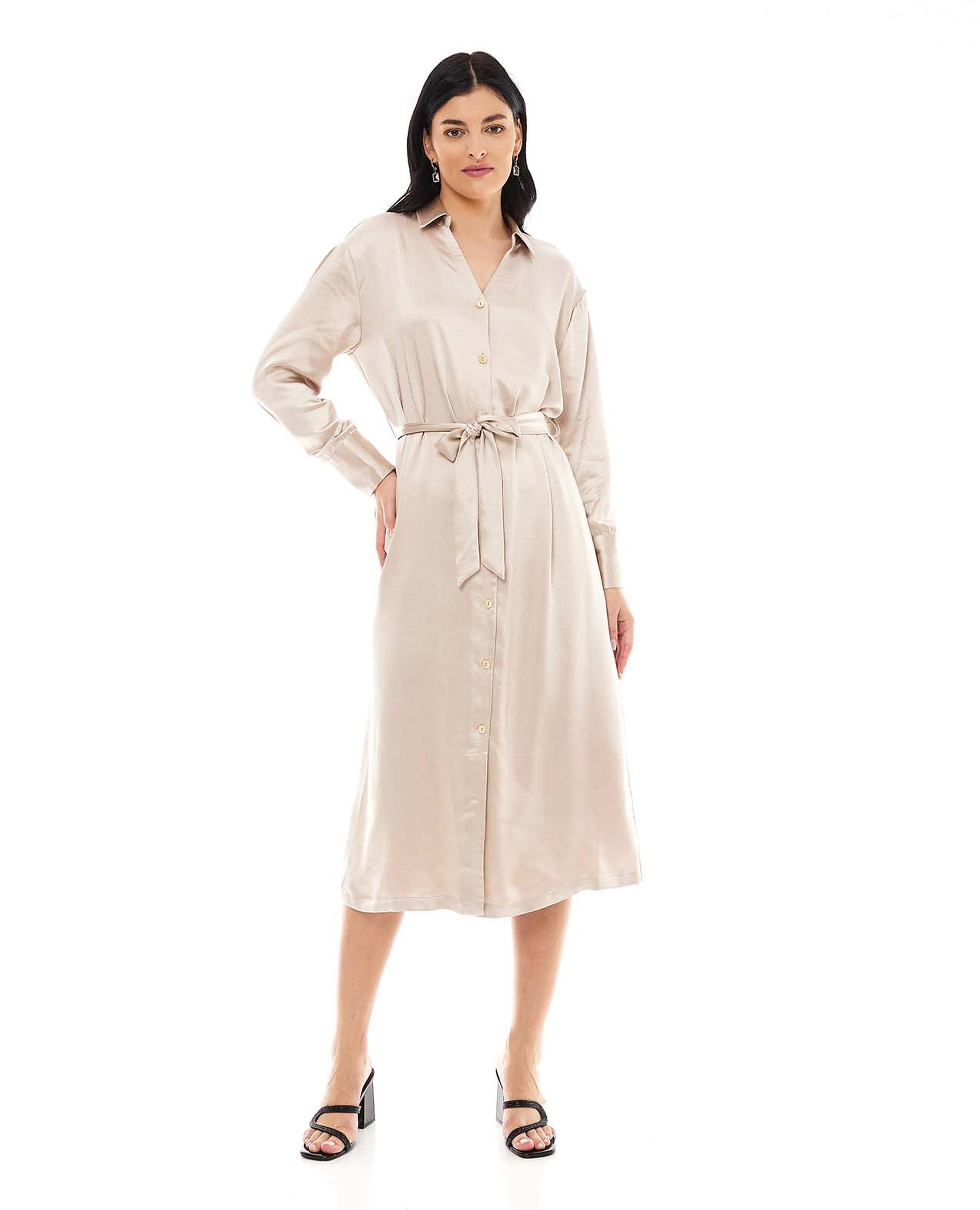 Solid Midi Dress with Collared Neck and Long Sleeves