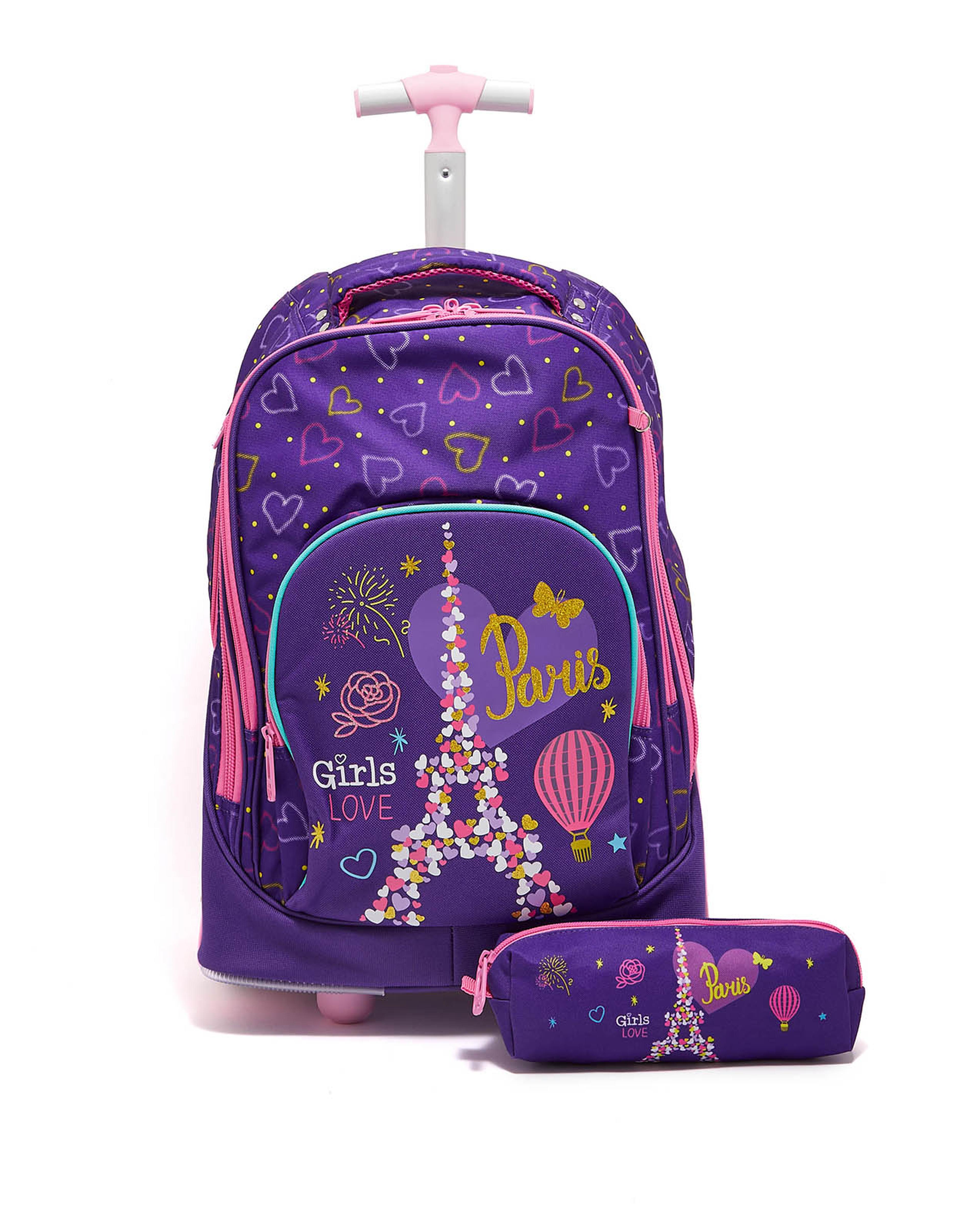 Printed Trolley Backpack with Pencil Case