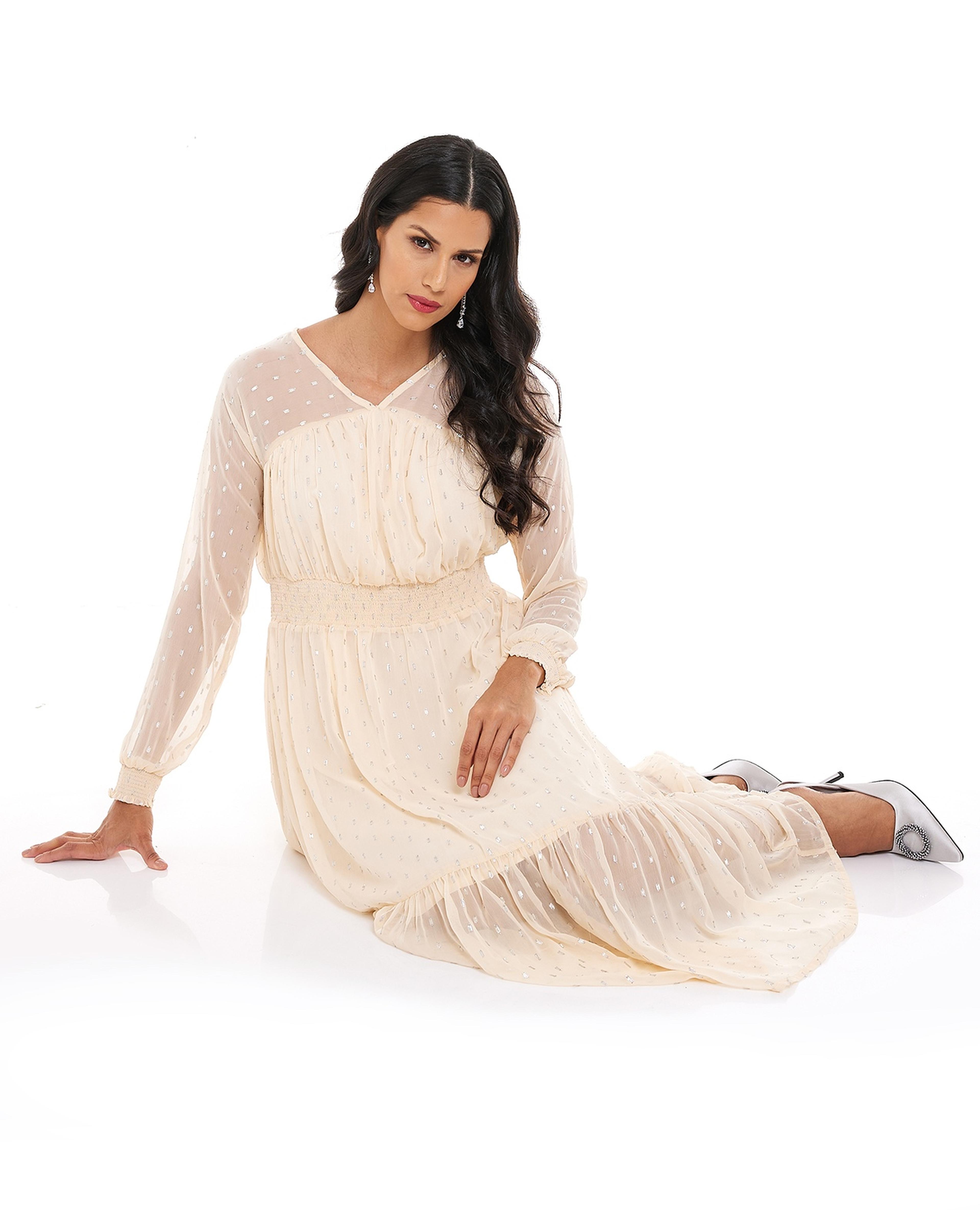 Woven Tiered Dress with V-Neck and Long Sleeves