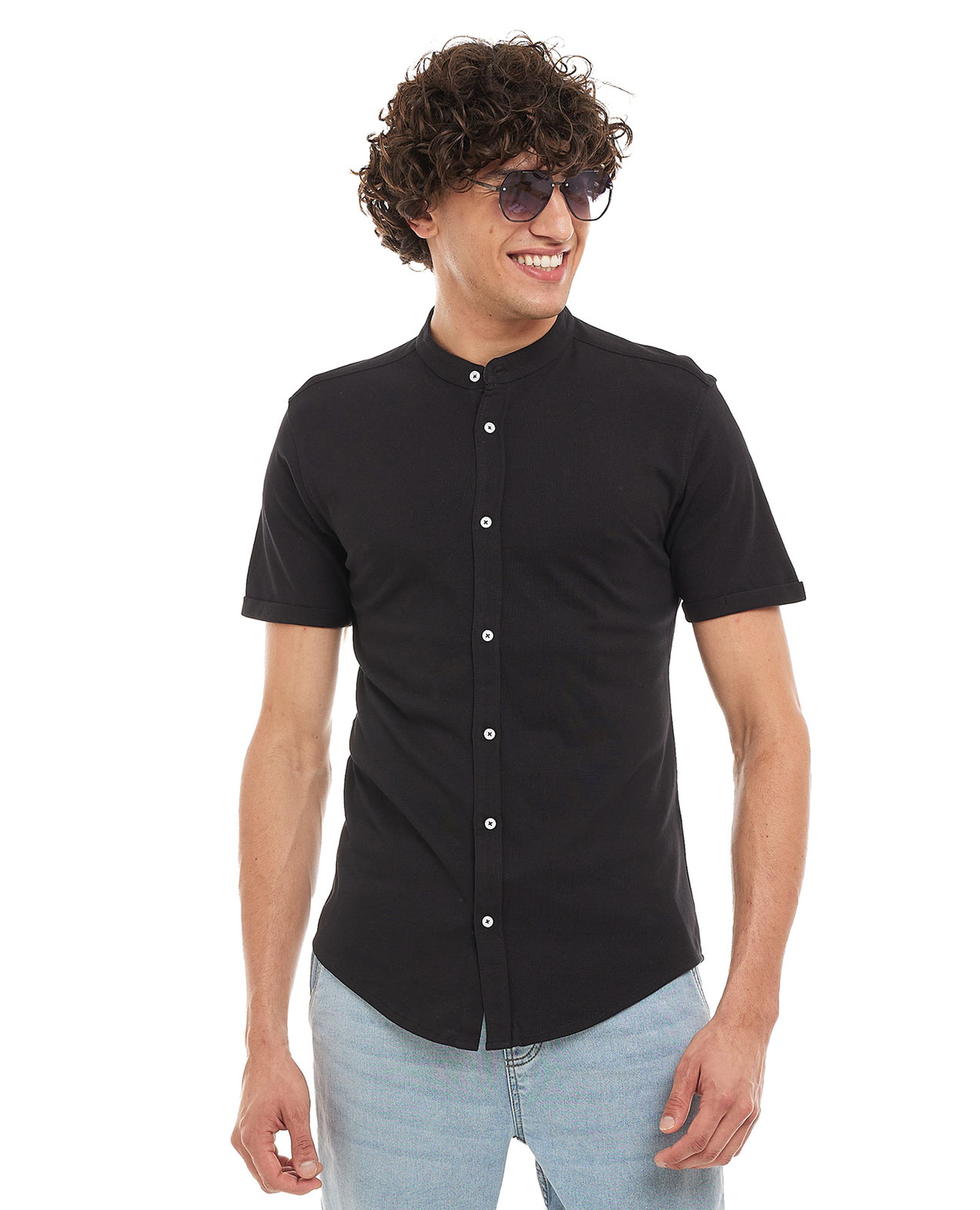 Solid Shirt with Mandarin Collar and Short Sleeves