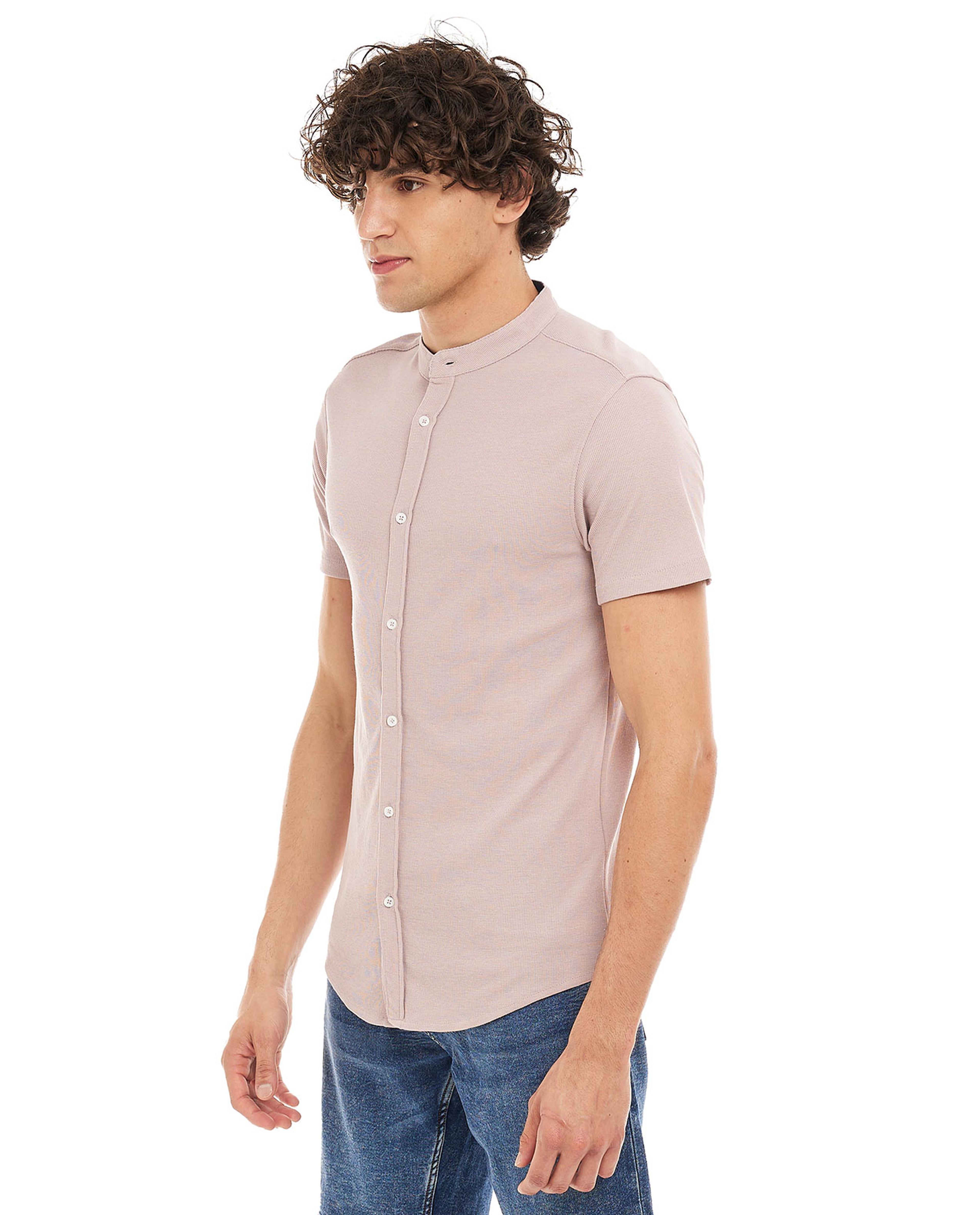 Solid Shirt with Mandarin Collar and Short Sleeves