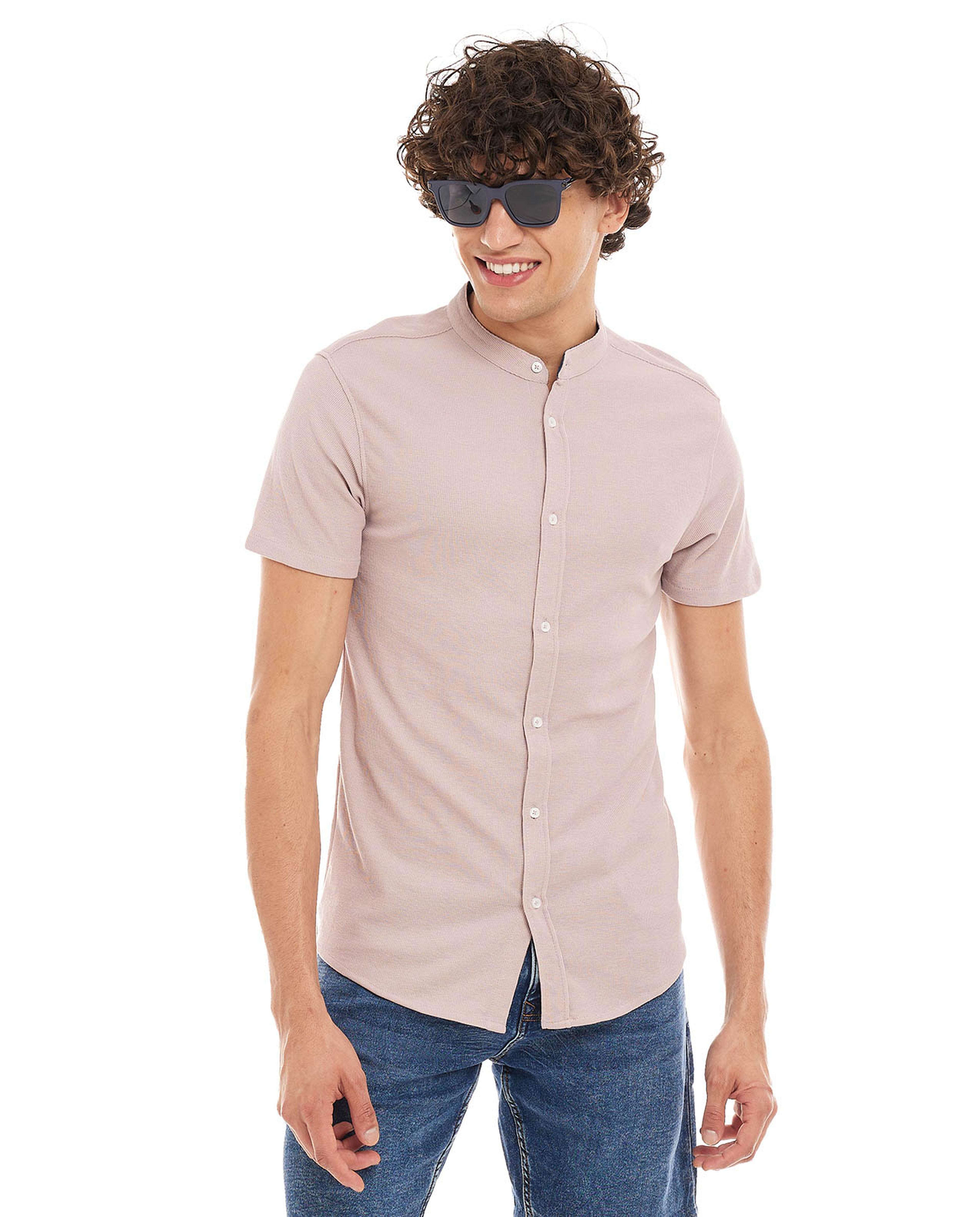 Solid Shirt with Mandarin Collar and Short Sleeves