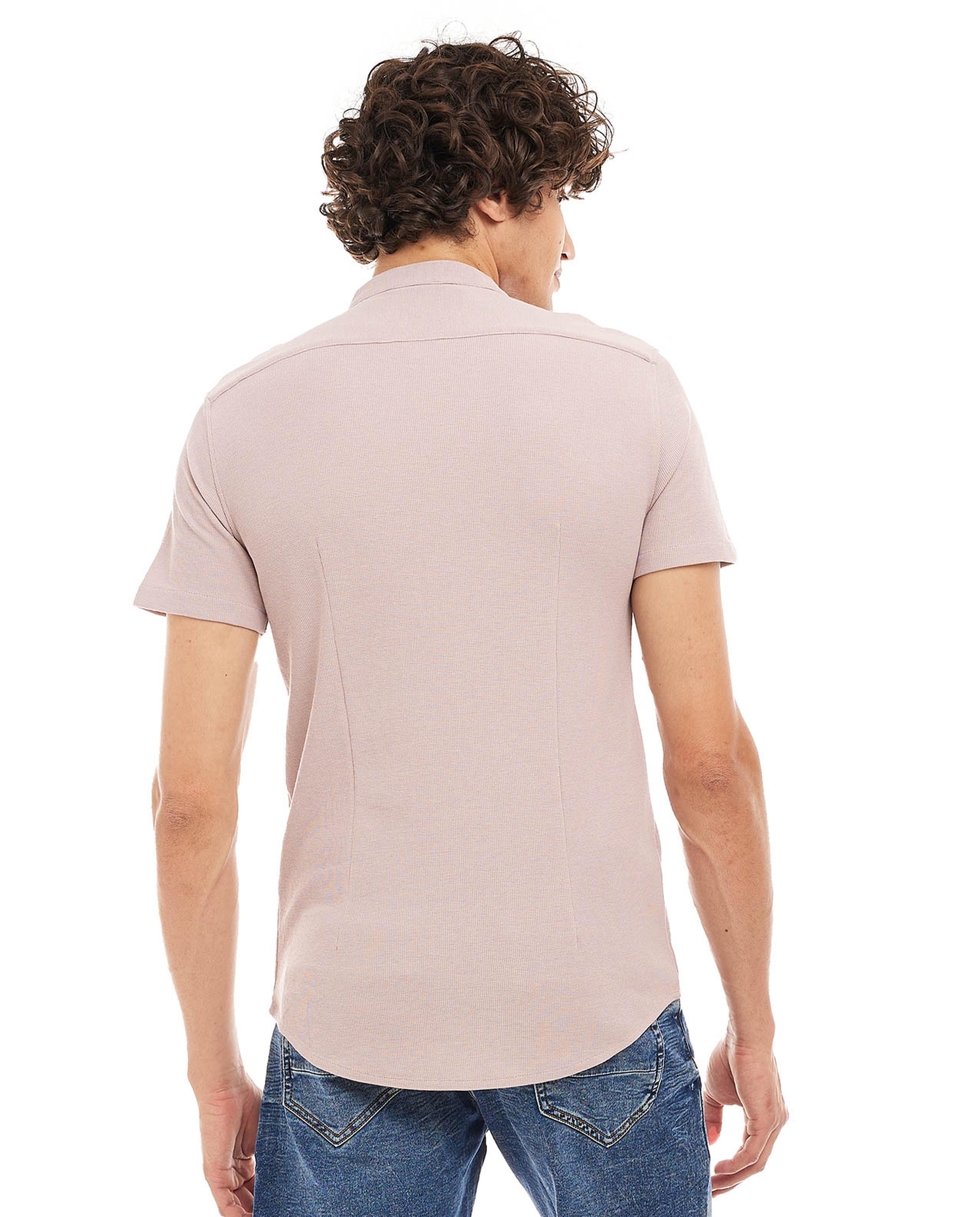 Solid Shirt with Mandarin Collar and Short Sleeves