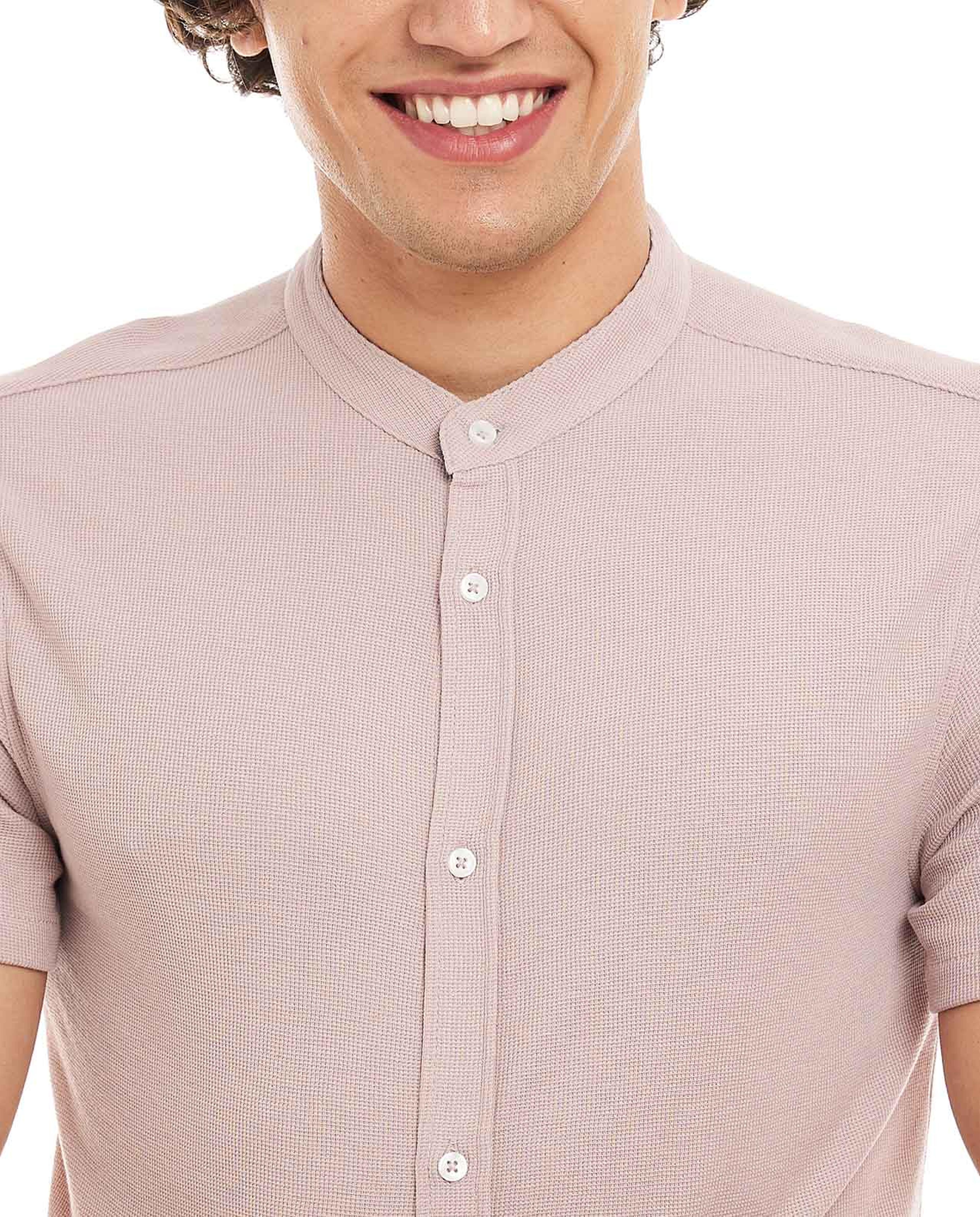 Solid Shirt with Mandarin Collar and Short Sleeves