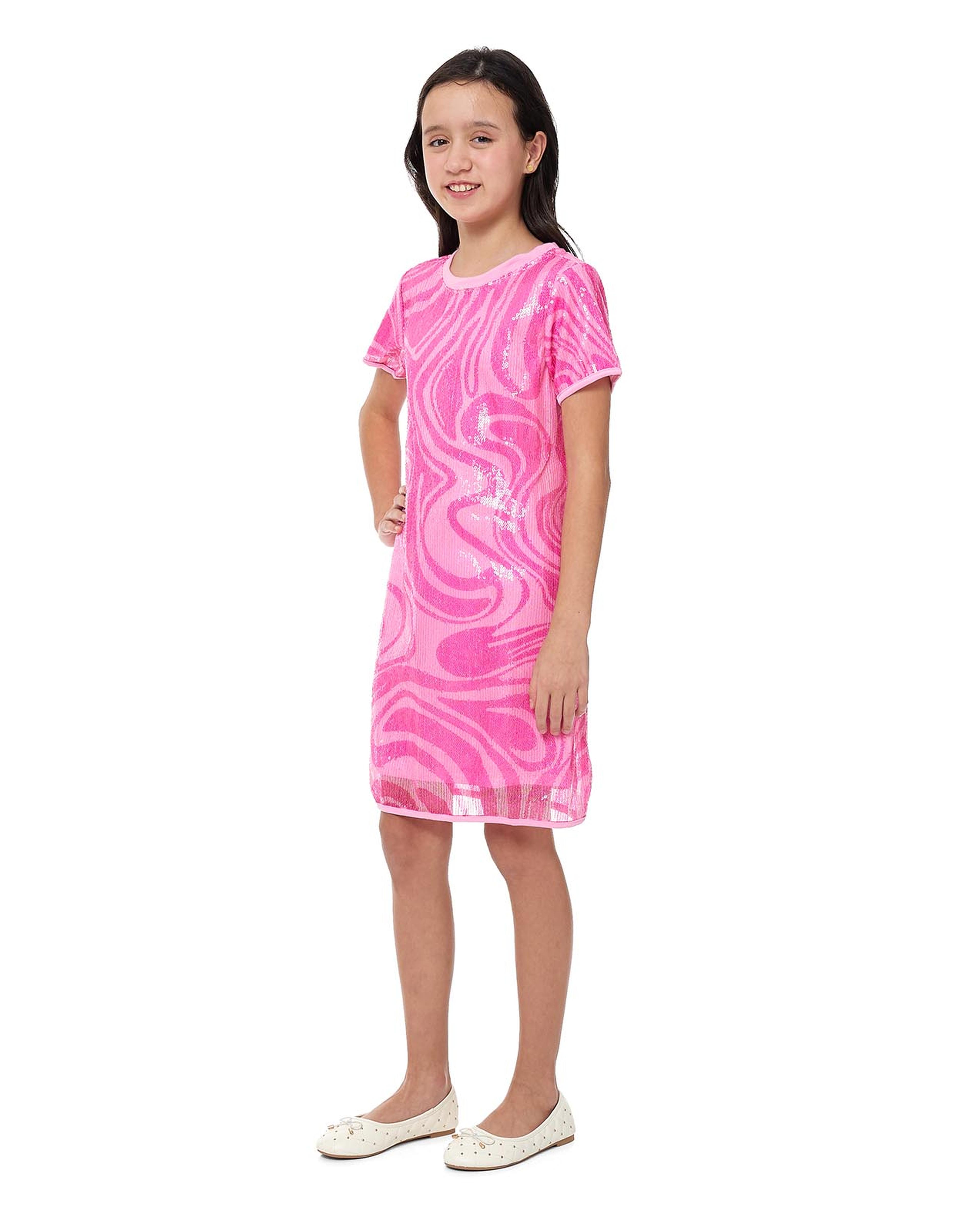 Sequined Dress with Crew Neck and Short Sleeves