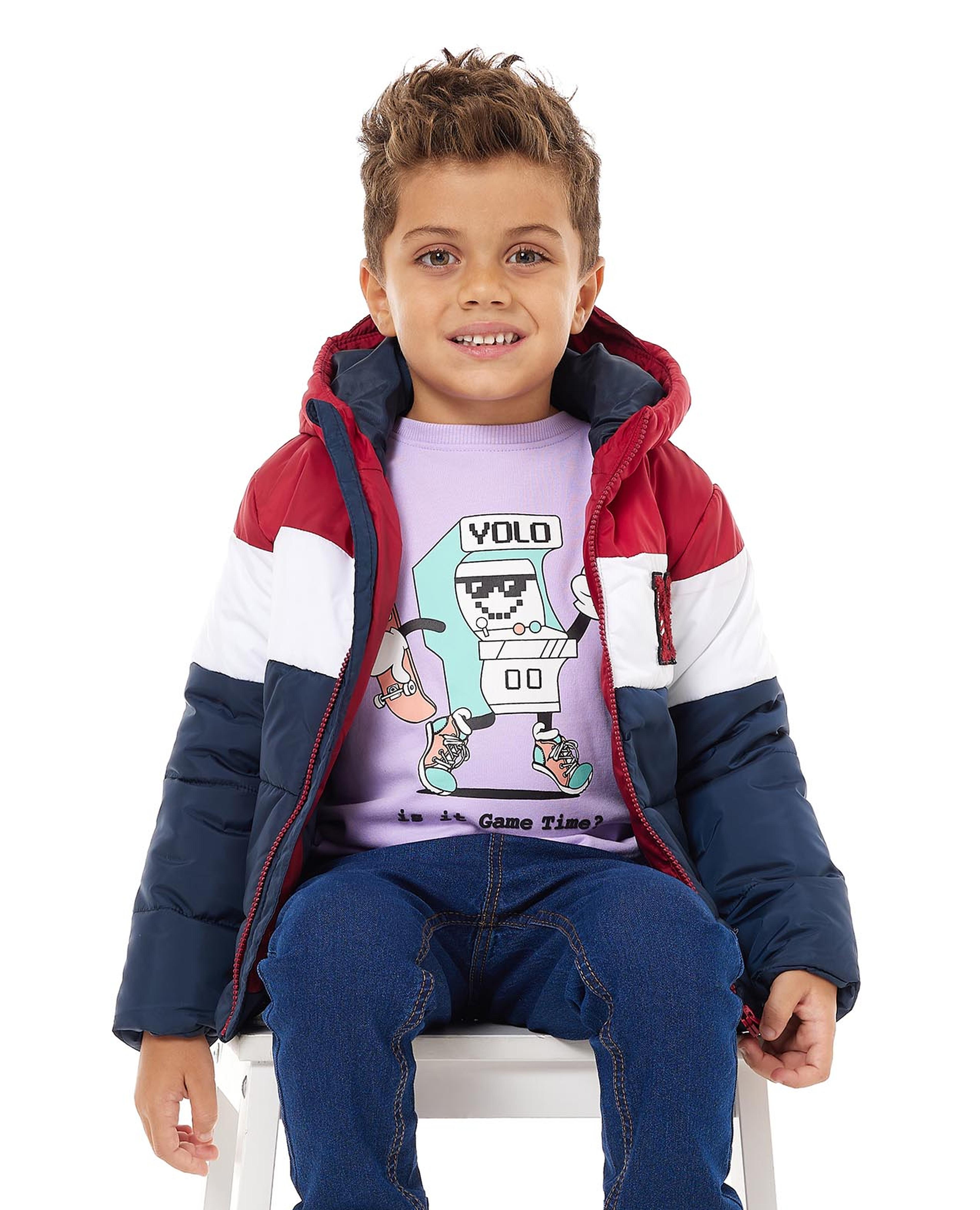 Color Block Puffer Jacket with Zipper Closure