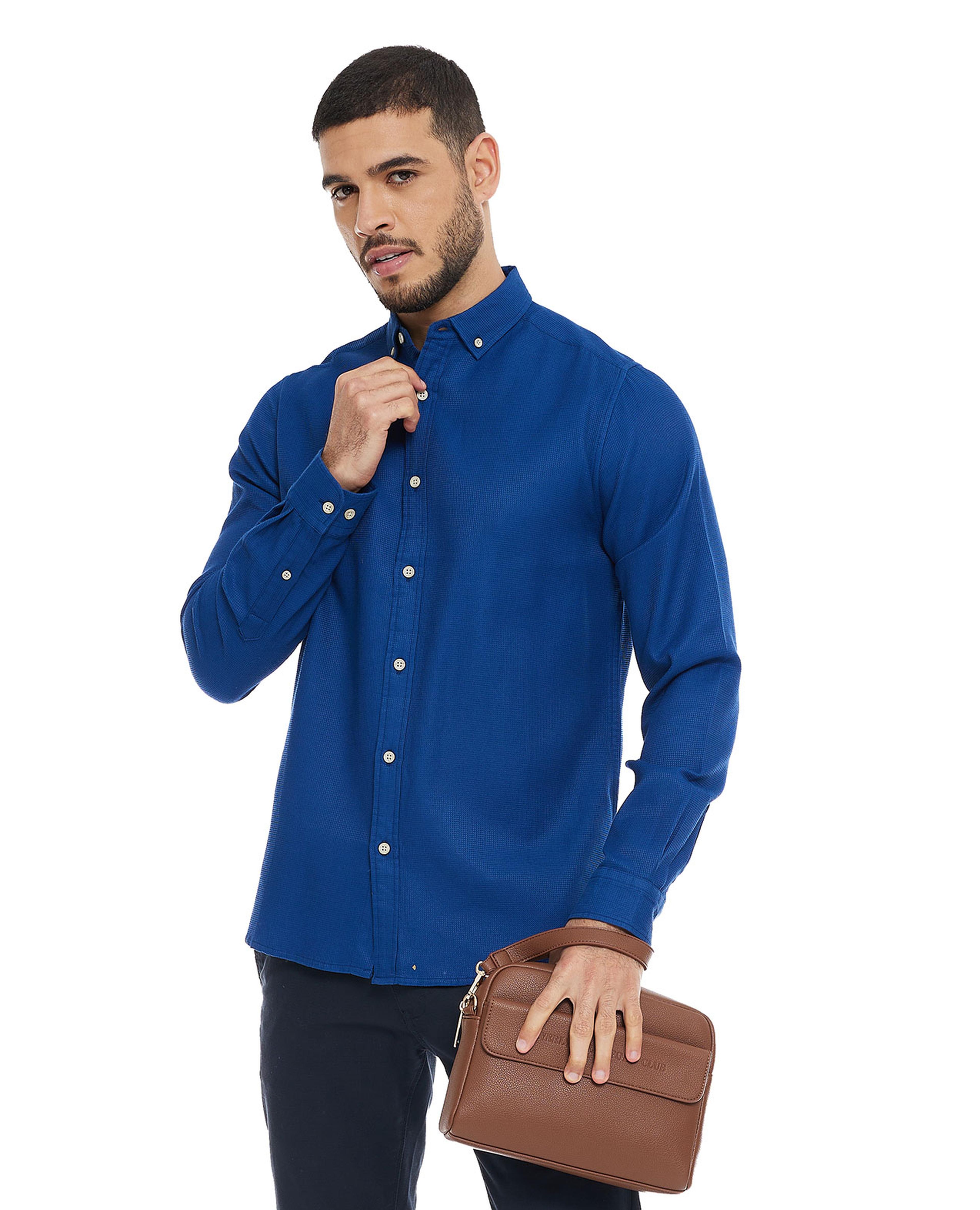 Solid Shirt with Button-Down Collar and Long Sleeves