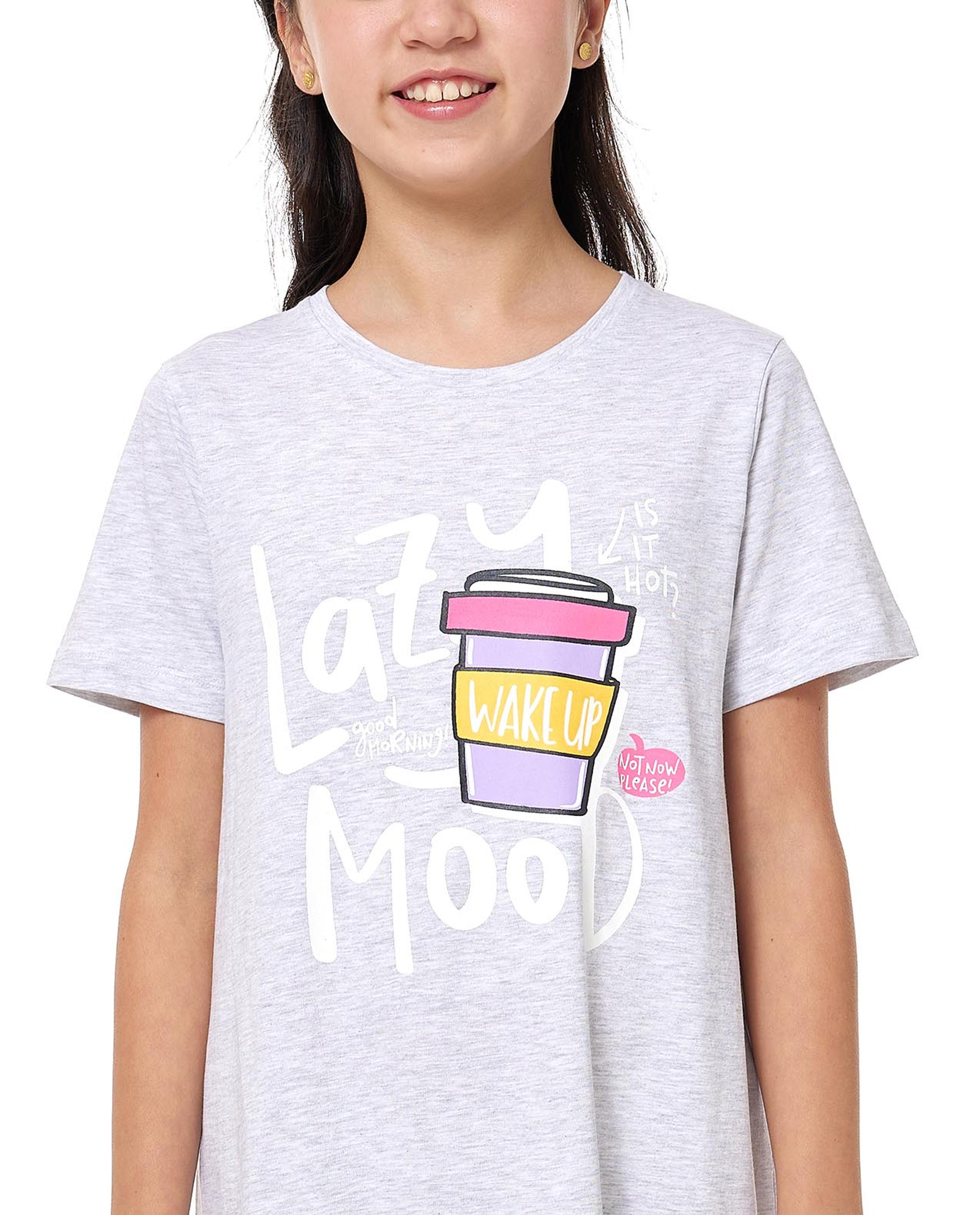 Printed Nightdress with Crew Neck and Short Sleeves