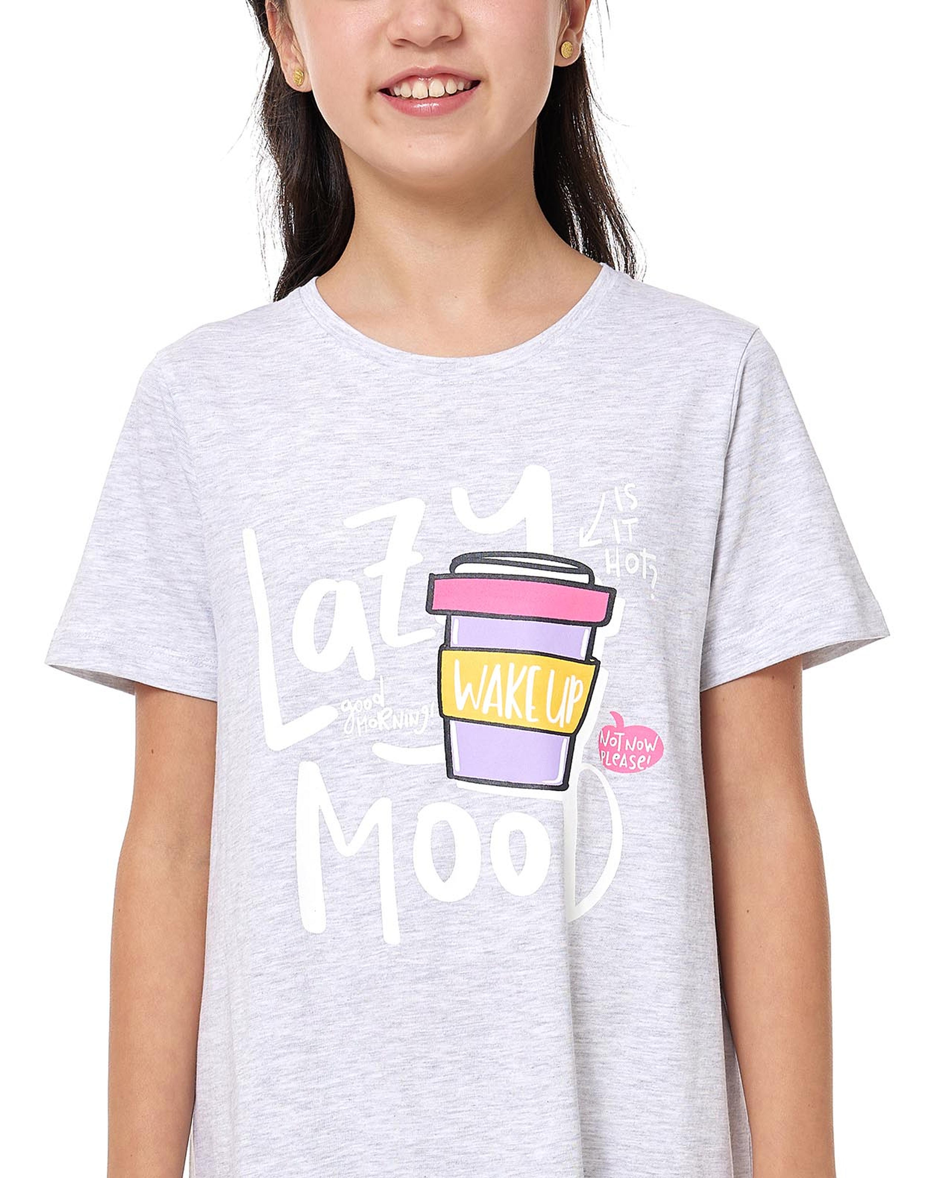 Printed Nightdress with Crew Neck and Short Sleeves