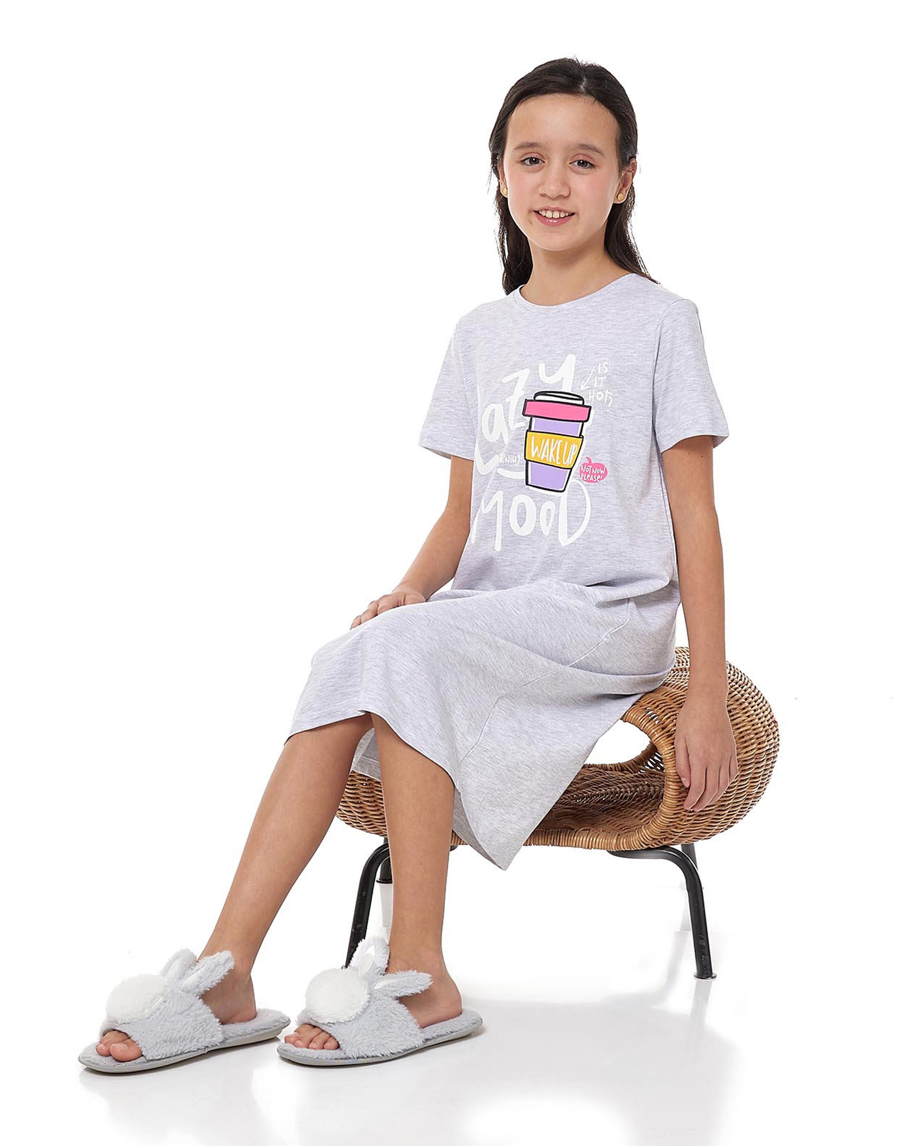 Printed Nightdress with Crew Neck and Short Sleeves