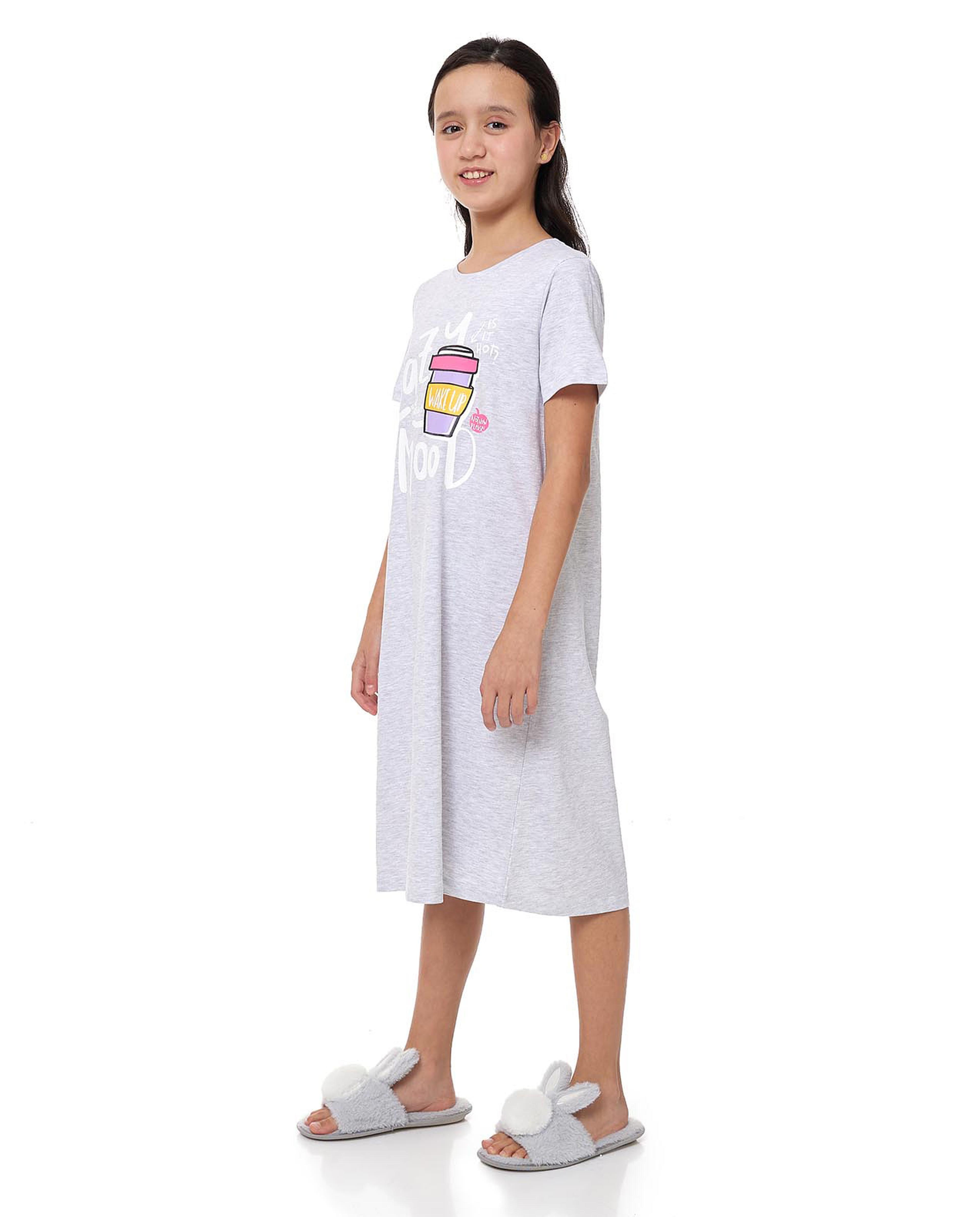 Printed Nightdress with Crew Neck and Short Sleeves